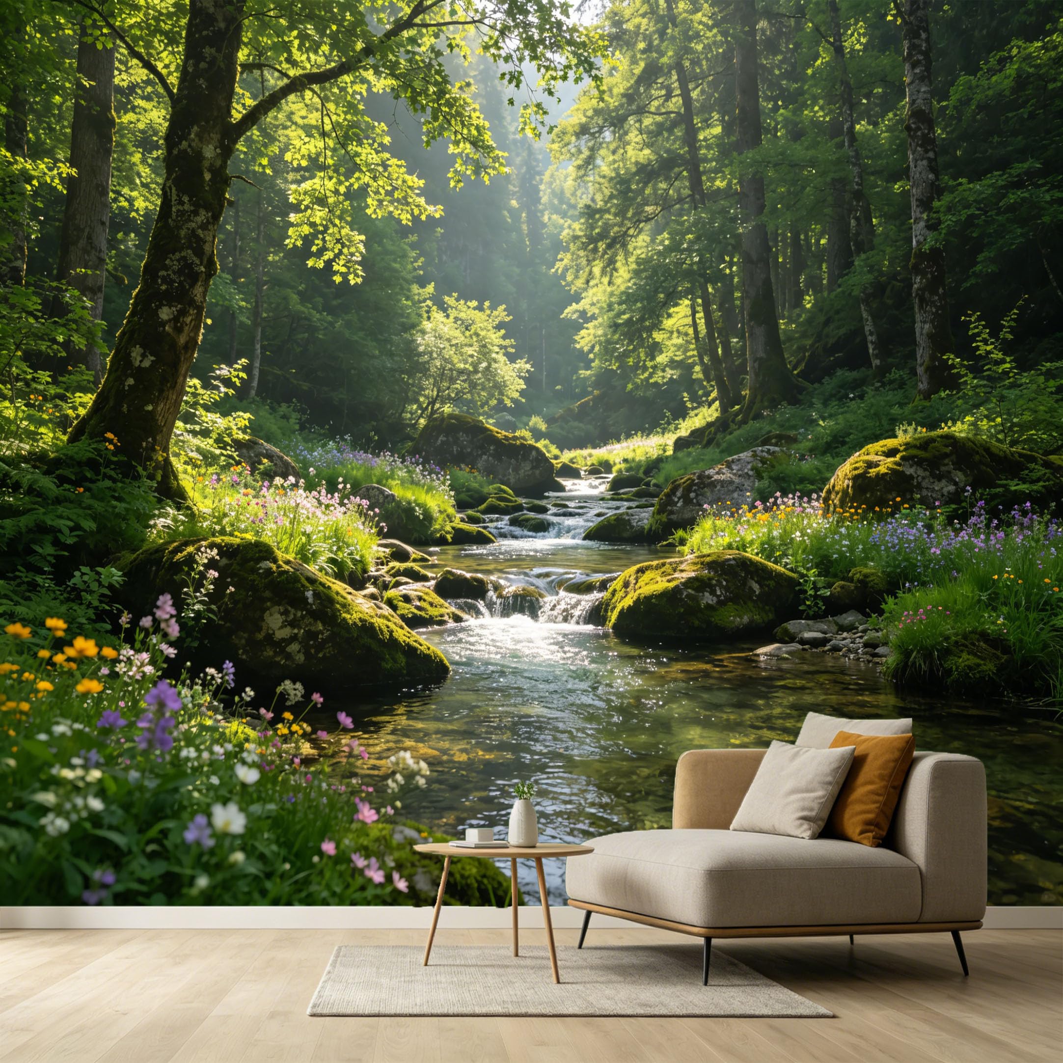 Custom Size Wall Murals Forest Stream Landscape Oil Painting Sunlight Mossy Rocks Wildflowers SelfAdhesive Wall Fabric Removable Large Wallpaper for Photo Living Room