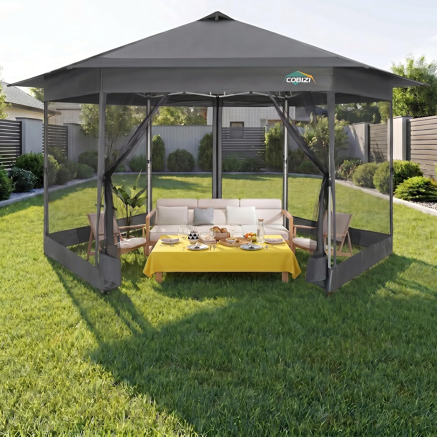 COBIZI 13x13 Pop up Gazebo, Hexagonal Outdoor Canopy Tent with Mosquito Netting, Portable 6-Sided Gazebo Tent, Waterproof, UV Resistant Height for Backyard, Gardens, Patio（Dark Gray）