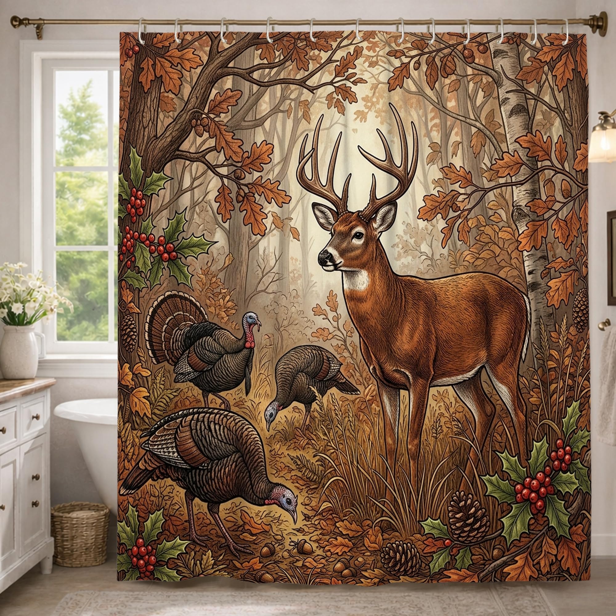 Rideau de douche extra long motif cerf nature pour grande salle de bain automnale 183x243cm
