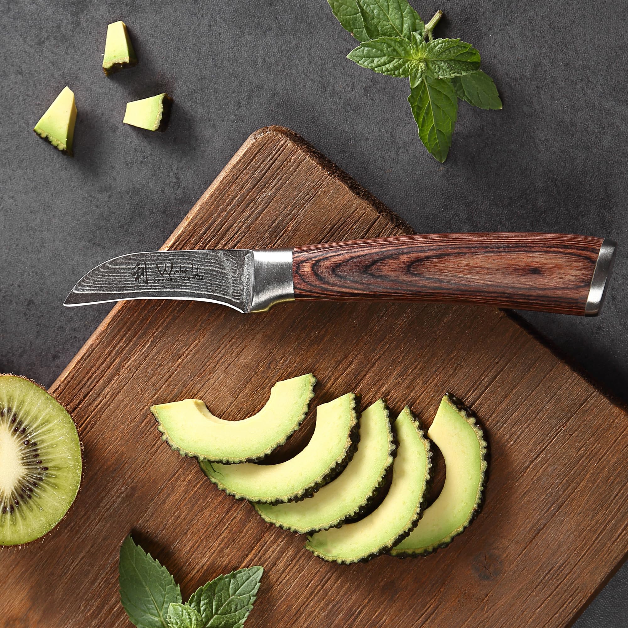 Wakoli Edib Couteau à éplucher en Damas I Lame tranchante de 6,2 cm en acier damassé à 67 couches avec noyau VG10 et manche en bois de pakka I Couteau de cuisine professionnel & couteau damassé