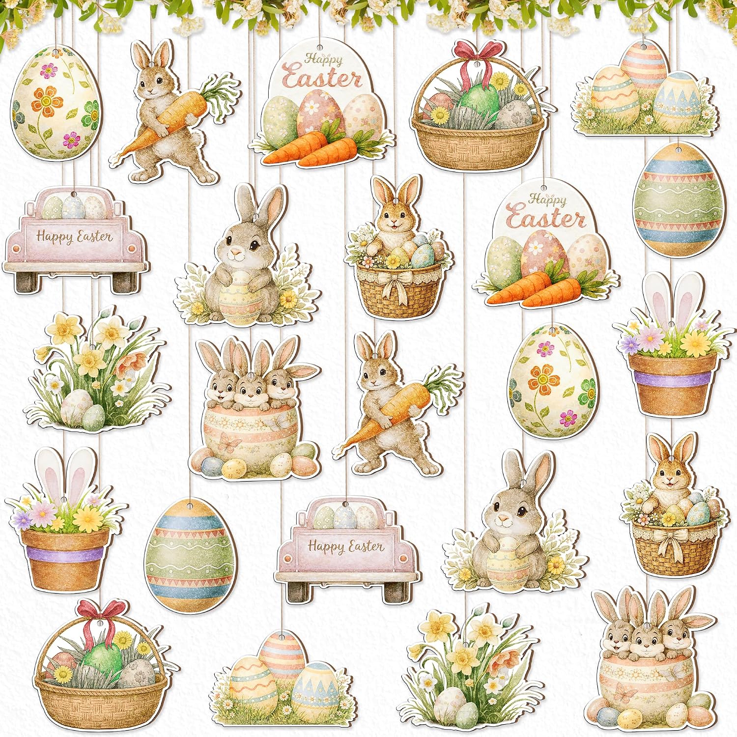 KatchOn, 24 Pack Wooden Easter Eggs Hanging Easter Decorations for Home | Wooden Easter Ornaments | Easter Party Decorations | Easter Tree Ornaments for Easter Decor