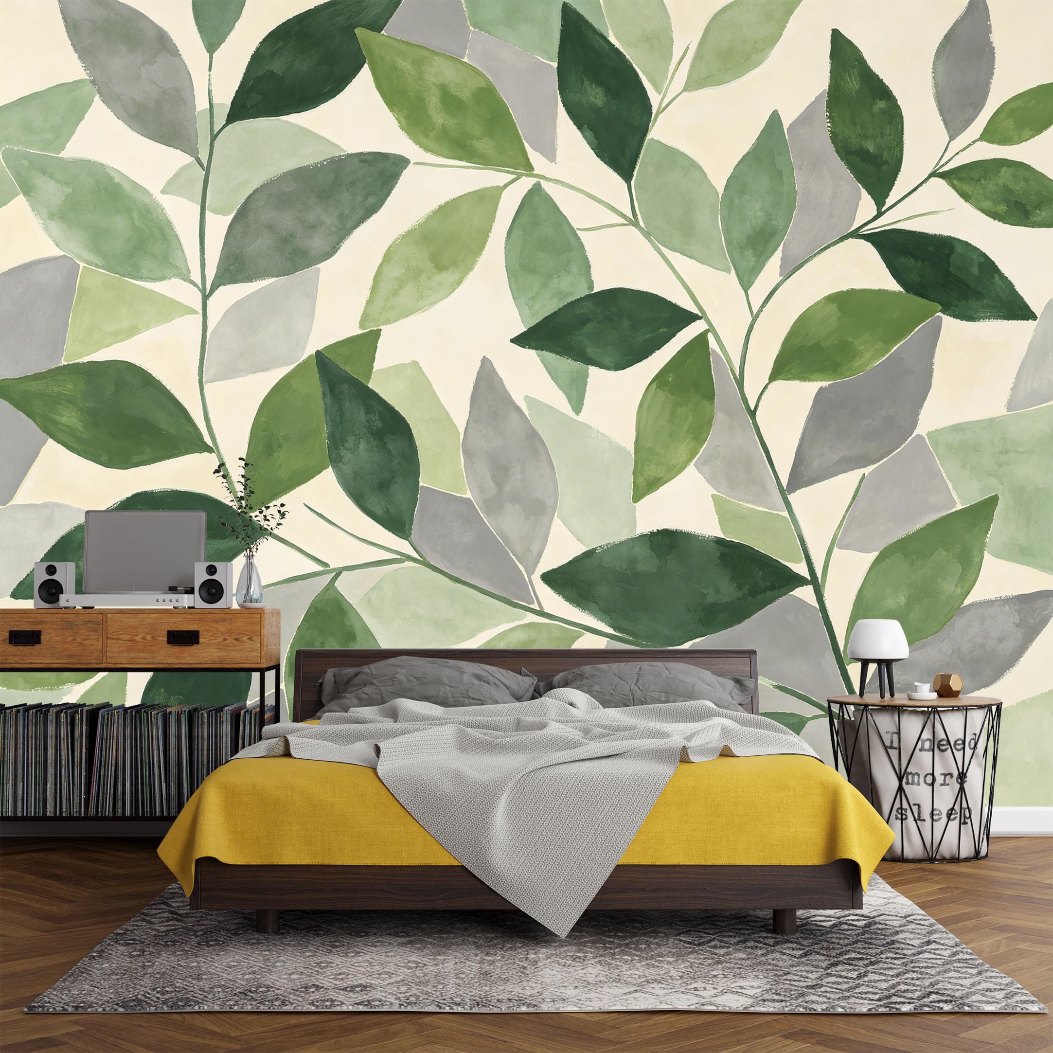 Custom Size Wall Mural Botanical Watercolor Leaves Pattern Green Grey Neutral Tone，SelfAdhesive Art Prints wall Fabric（No PVC） Removable Wallpaper Living Room Decor