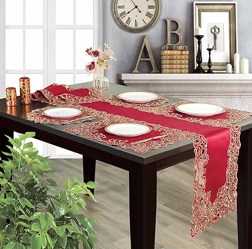 Miniatura 3 de Decozen Juego de 4 manteles individuales de encaje dorado burdeos, manteles individuales rectangulares bordados europeos para decoración de
