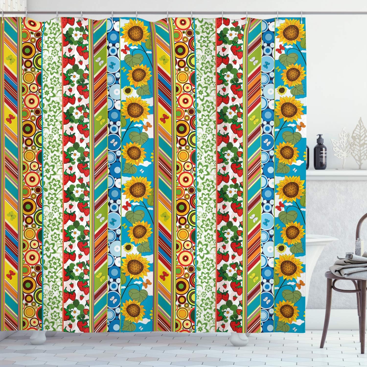 Ambesonne Striped Shower Curtain, Colorful Summer Spring Retro Patchwork Style Pattern Sunflower Butterfly Strawberry, Cloth Fabric Bathroom Decor Set with Hooks, 69" W x 70" L, Blue Yellow