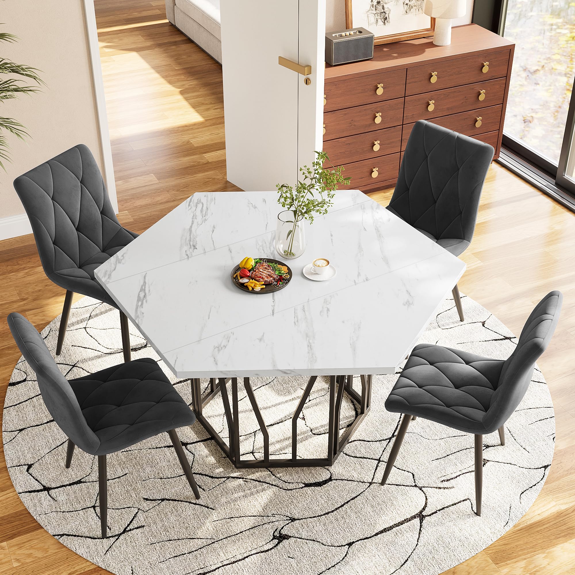 Mesa de Comedor con Juego de 4 Sillas de Terciopelo Moderno Tablero Hexagonal con Aspecto de Mármol Juegos 5 Piezas para 4 Personas para Sala de Estar Restaurante Grupo de Asientos Negro + Gris