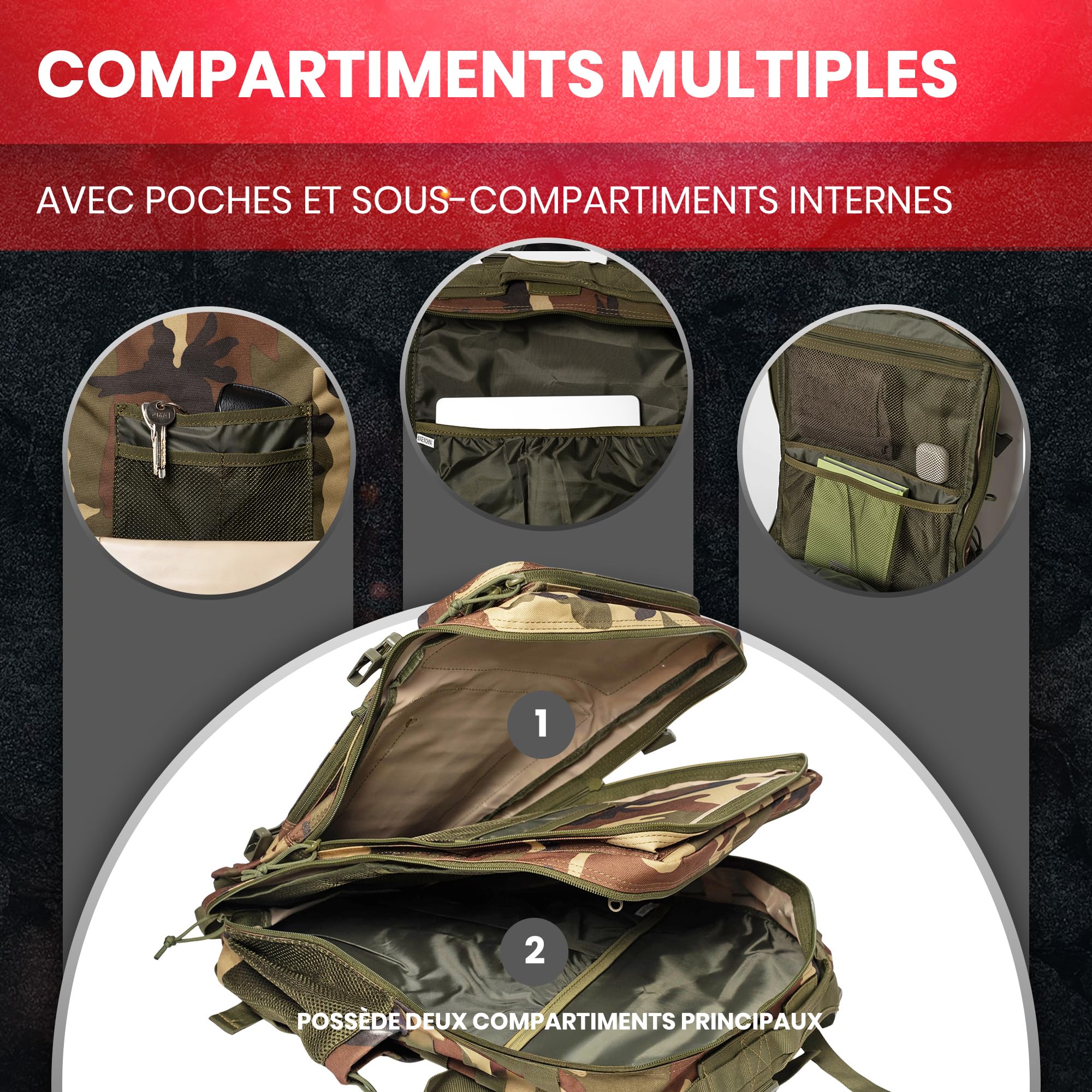 Sac à dos Crossfit - Sac à dos tactique militaire imperméable avec compartiments organisés pour la gym et les voyages - Durable et polyvalent personnalisable avec patchs inclus