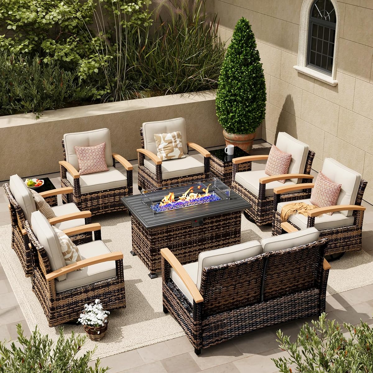 MEISSALIVVE 10 Pieces Patio Furniture Sets with Fire Pit Table, Wicker Outdoor Conversation Sets with 4 Swivel Rocker Chairs, 2 Single Chairs, 2-seat Sofa and Side Table(Brown)