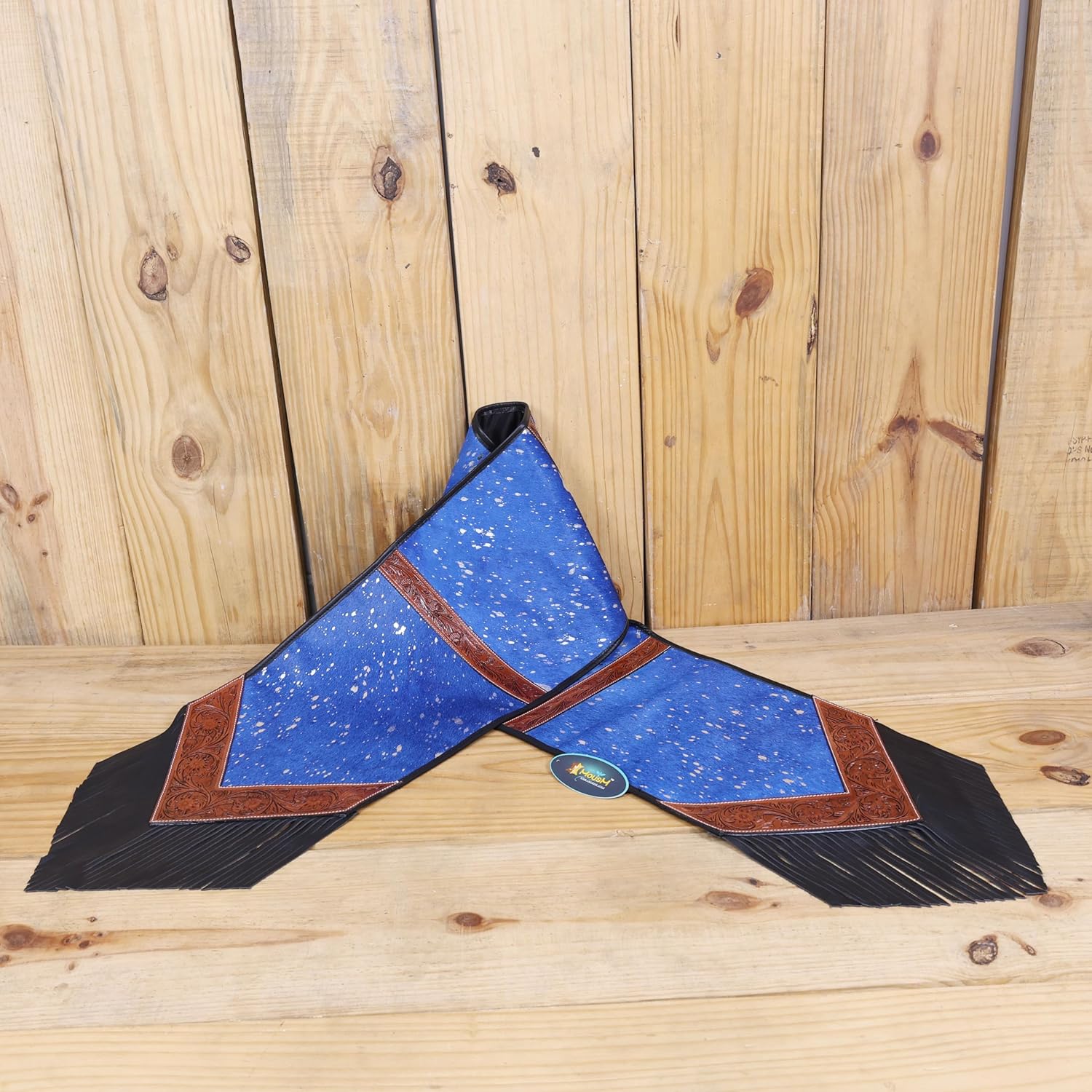Royal Blue Acid Wash Leather Table Runner – Square-Cut Design with Tooled V-Shaped Corners, Divider Strap & Leather Fringe – 72" x 12" – Handcrafted by MOUSM
