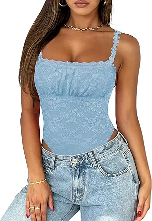 Saslax Women's Sexy Square Neck Lace Sleeveless Bodysuit Tank Tops Double Lined Body Suit Thong Outfits