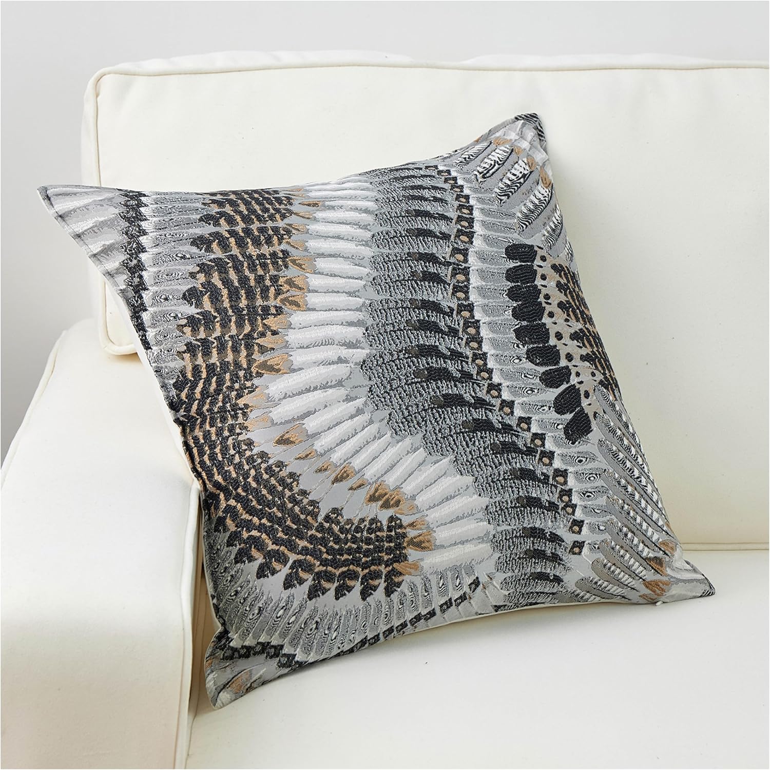 THE-TINOART Grey Bohemian Feather Jacquard Pillow Cover, Multi-Color Abstract Square Accent Pillow Cover for Sofa & Bed, 18x18 Inch - Image 2