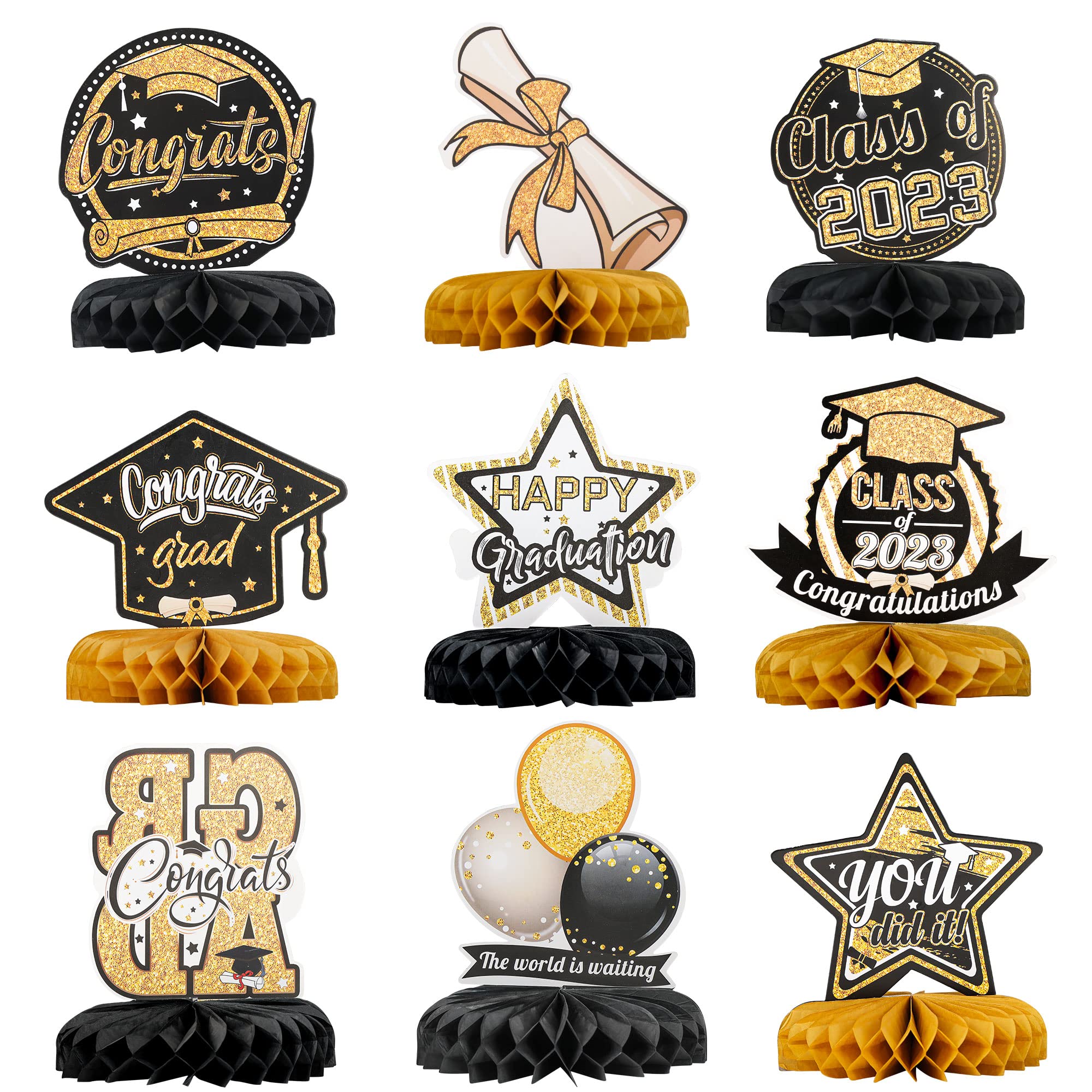 Gyufise 9Pcs 2023 Graduation Honeycomb Centerpieces Congrats Grad Honeycomb Centerpiece Black and Gold Graduation Table Toppers Graduation Centerpieces for Tables 2023 Party Decorations
