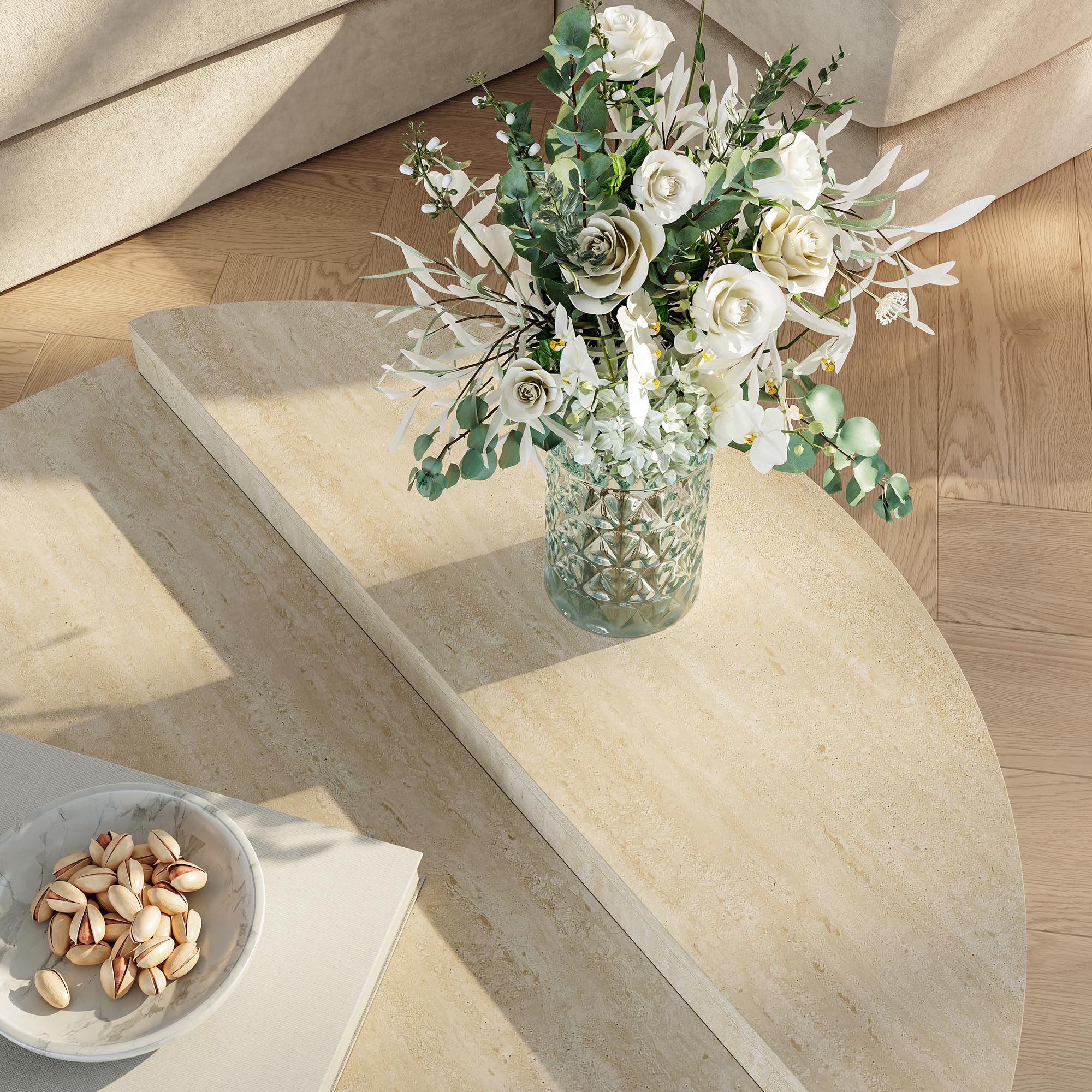 [en.casa] Mesa de Centro Tondesdaslo Tablero Doble Semicircular Mesita de Café Mesa Auxiliar de Sofá Salón Despacho 90 x 90 x 35 cm - Travertino