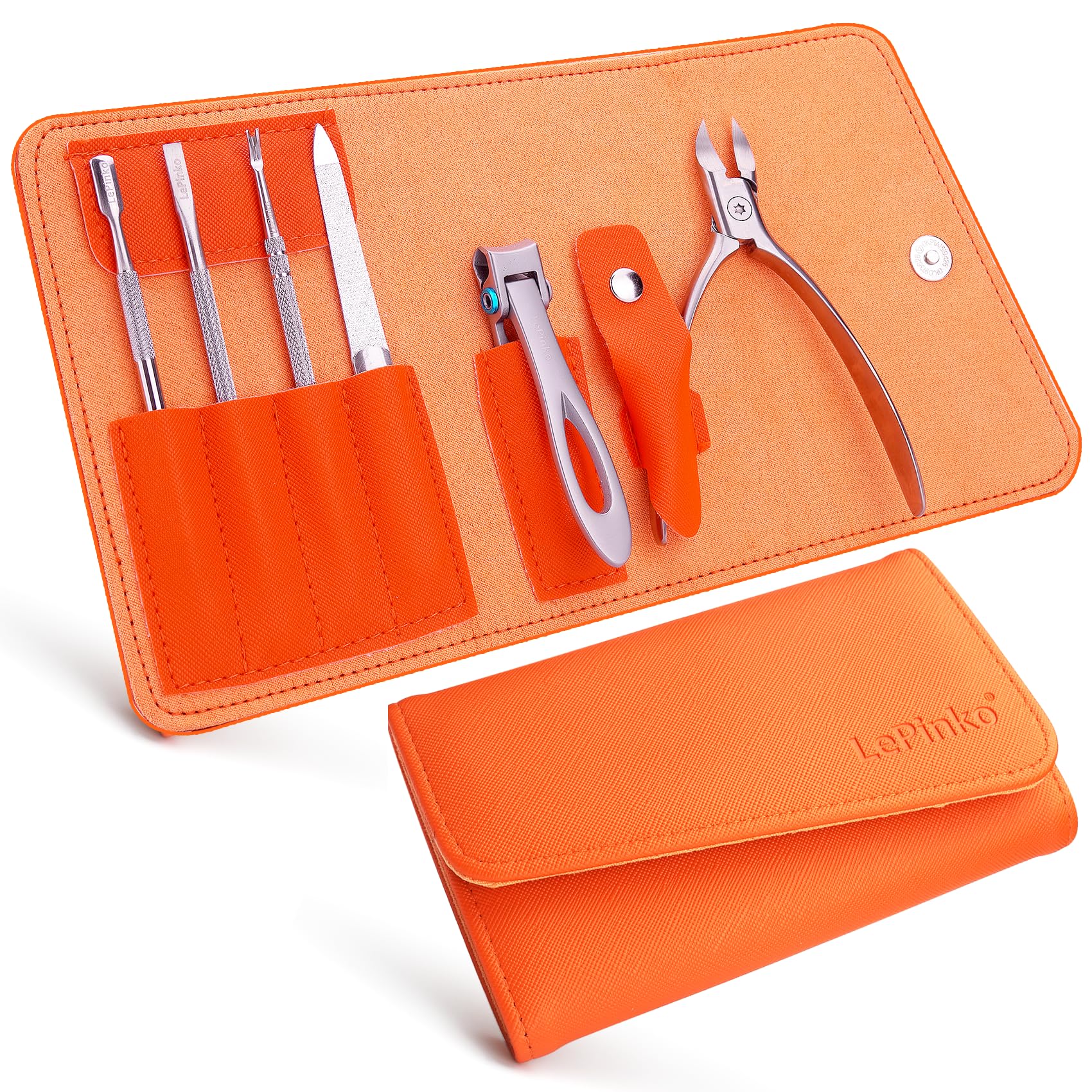 Nail Clippers Set for Thick Toenails and Fingernails, Heavy Duty Podiatrist Clippers for Ingrown Nails, Manicure Sets with Travel Leather Case, Gifts for Stocking Stuffers Men Women, 6PCS Orange