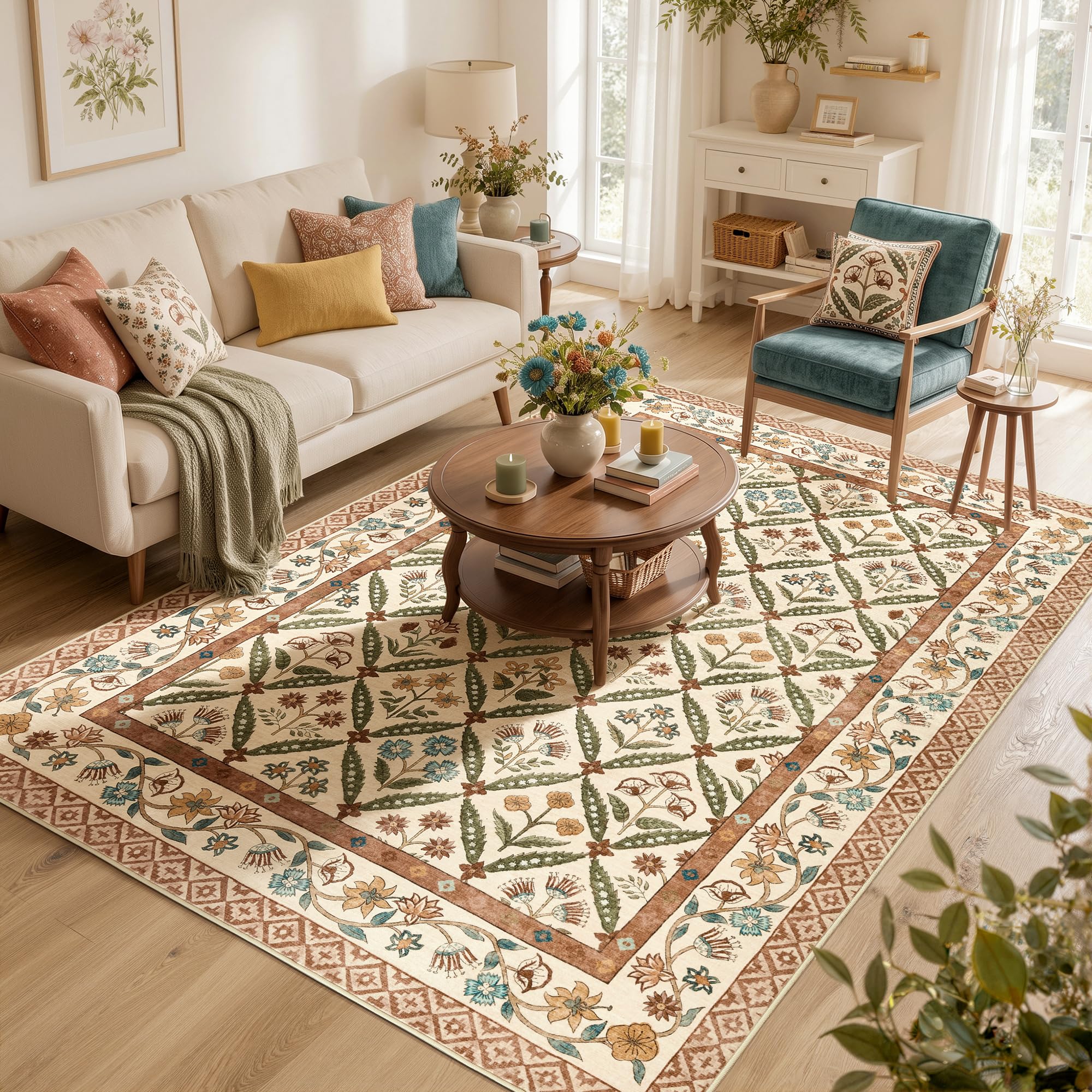 Vangao Tapis Salon Chambre Enfant Fille Vintage 160x220 cm Fleur Rouge | Oriental Doux Tapis de Salon Coloré Salle à Manger, Boheme Interieur Floral Blumen Pliable, Lavable en Machine, Poil Ras