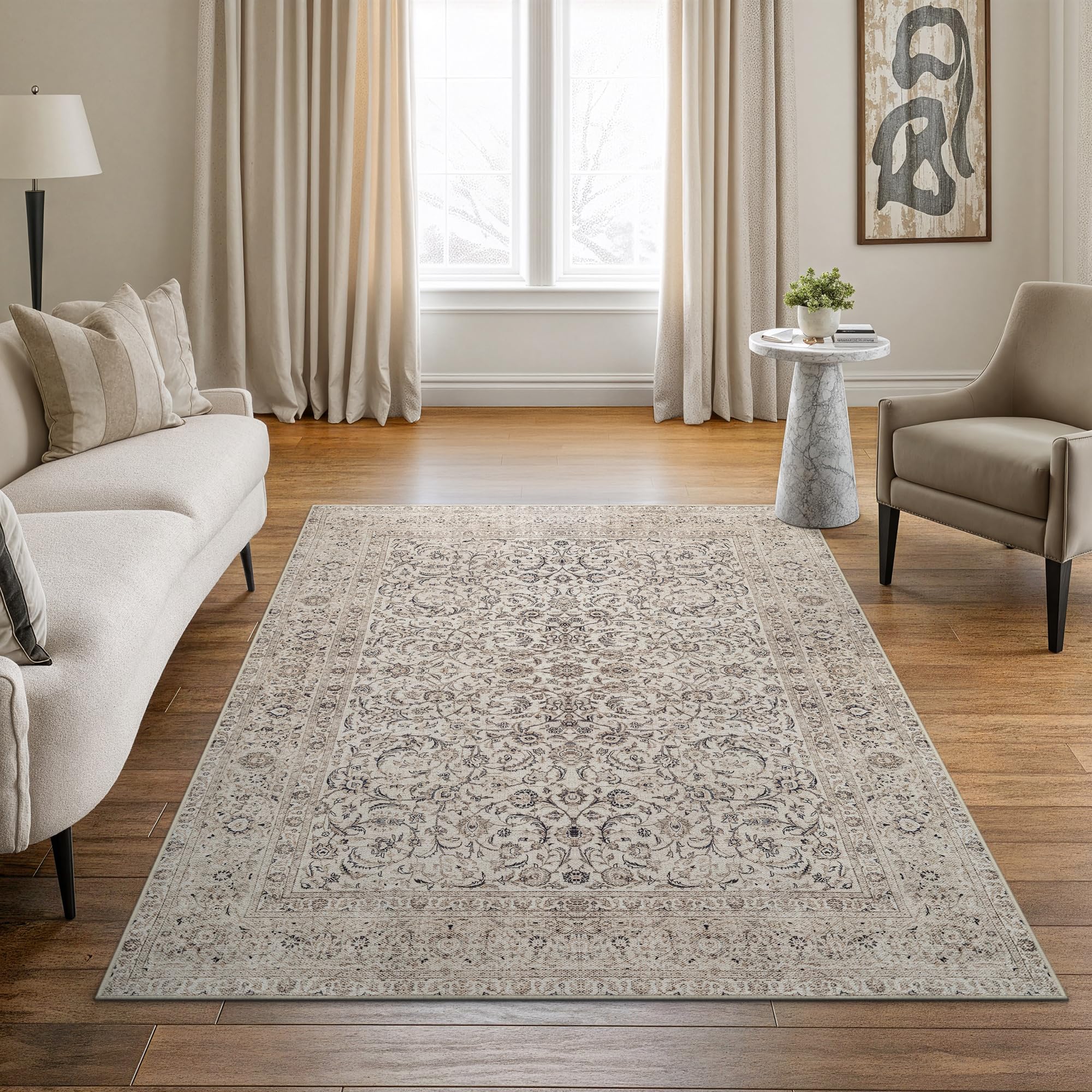 Bloom Rugs Washable Non-Slip 4' x 6' Rug - Beige/Off White Traditional Bordered Area Rug for Living Room, Bedroom, Dining Room, and Kitchen - Exact