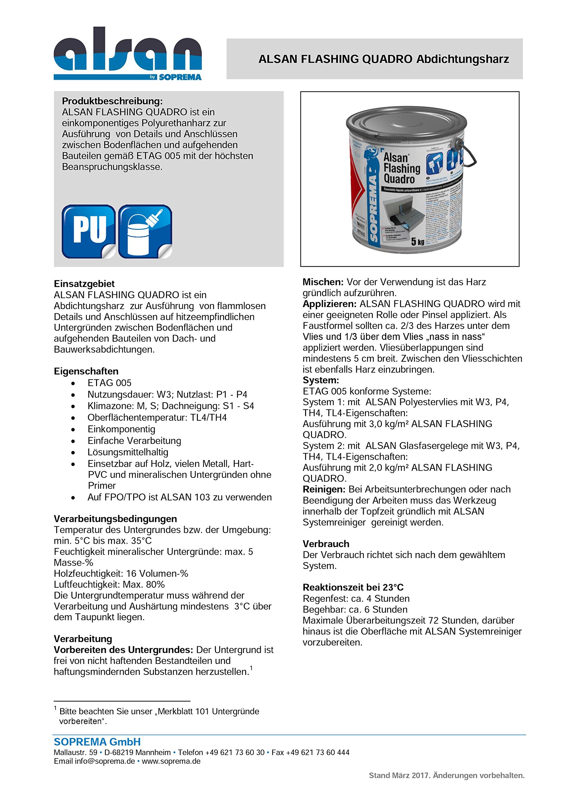 ALSAN Flashing Quadro - PROFI PACK - Komplettset | 5,0 kg Flüssigkunststoff | 1 Rolle Alsan Vlies | 1 Paar Handschuhe | 1 Rührholz | 1 Farbwalze | Verlegeanleitung | Farbe RAL 7040 - fenstergrau