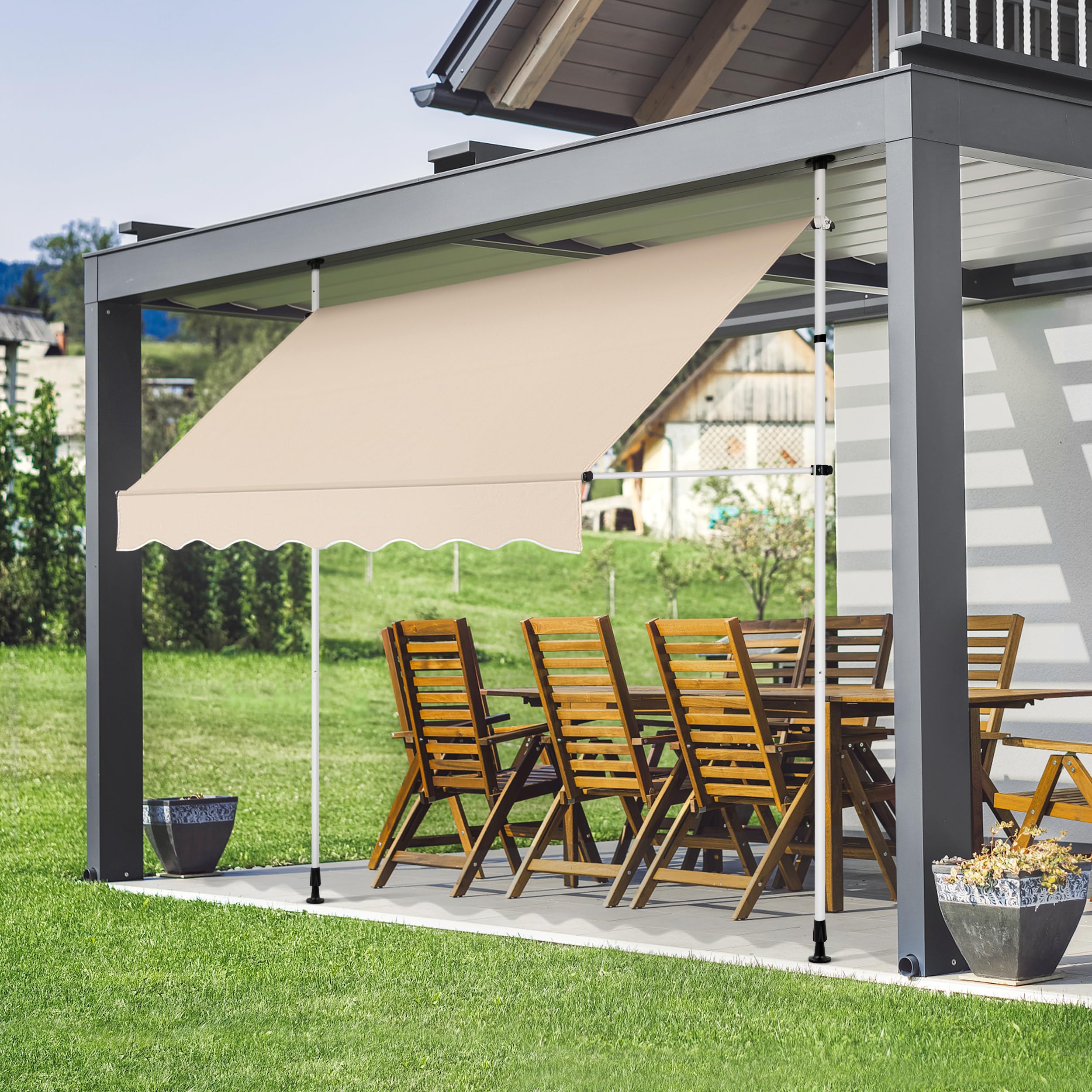 Yaheetech Sonnensegel für Balkon im Freien Veranda mit Armen, ausziehbar mit Verstellbarer Kurbel, einziehbar, UV-beständig, Teleskoprahmen ohne Bohren, 200 x 120 cm, Beige