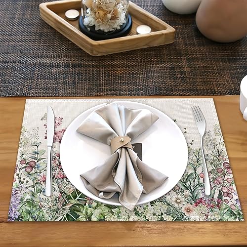 Miniatura 5 de Juego de 6 manteles individuales de lino con diseño de flores silvestres, mariposas, resistentes al calor, lavables, para decoración de cocina,