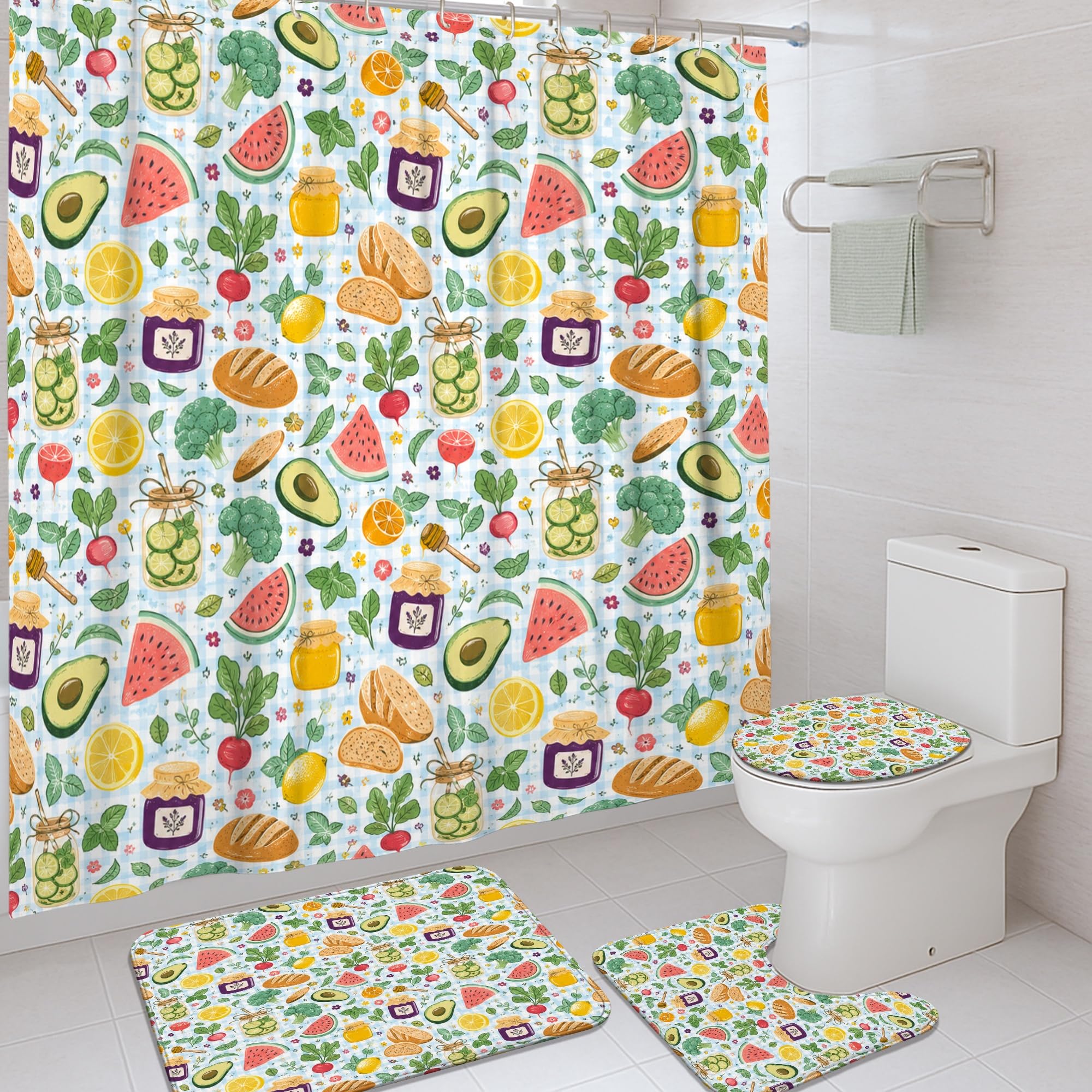 Rideau de douche tissu imperméable vert 183x183 avec tapis de baignoire