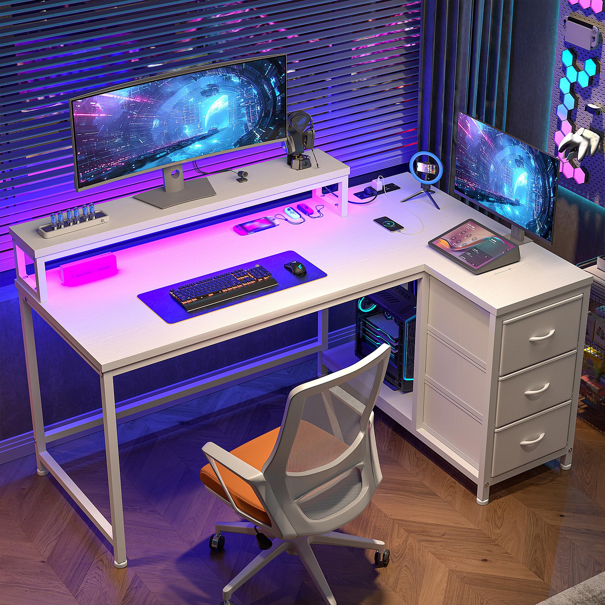Cliporix L Shaped Computer Desk, 120x80CM Sturdy White Gaming Desk with Integrated RGB Lights&Power Outlets, Reversible Modern Corner Desk with Fabric Drawers for Study Home Office, Easy to Assemble