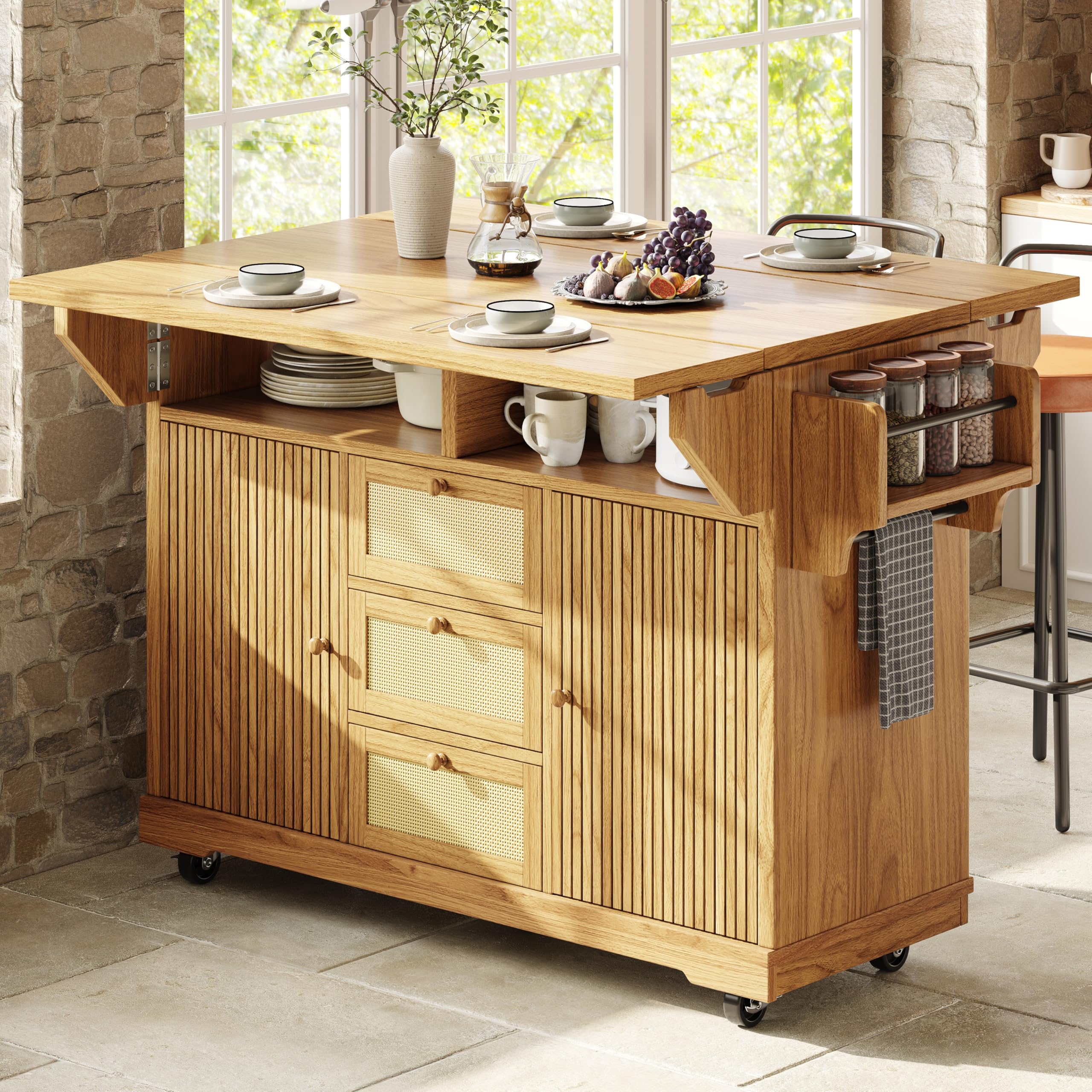 Lexiou Carro plegable para servir de cocina, 95 cm, con altura ergonómica | Cajones de ratán de polietileno para cocina, balcón y camping, color marrón oscuro