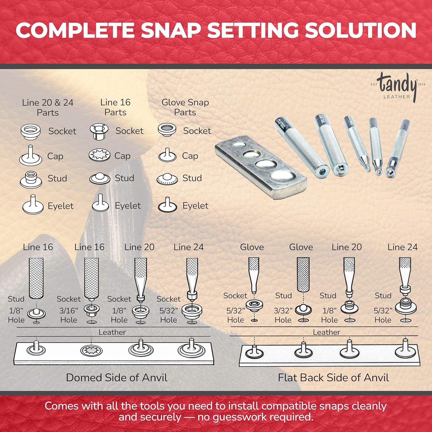 Tandy Leather Snap-All Snap Setter Set - Clean Snap Installation for Leather Crafts and Repairs - Manual Steel Tools for Consistent Results - 8108-10 - Metal Tool Set