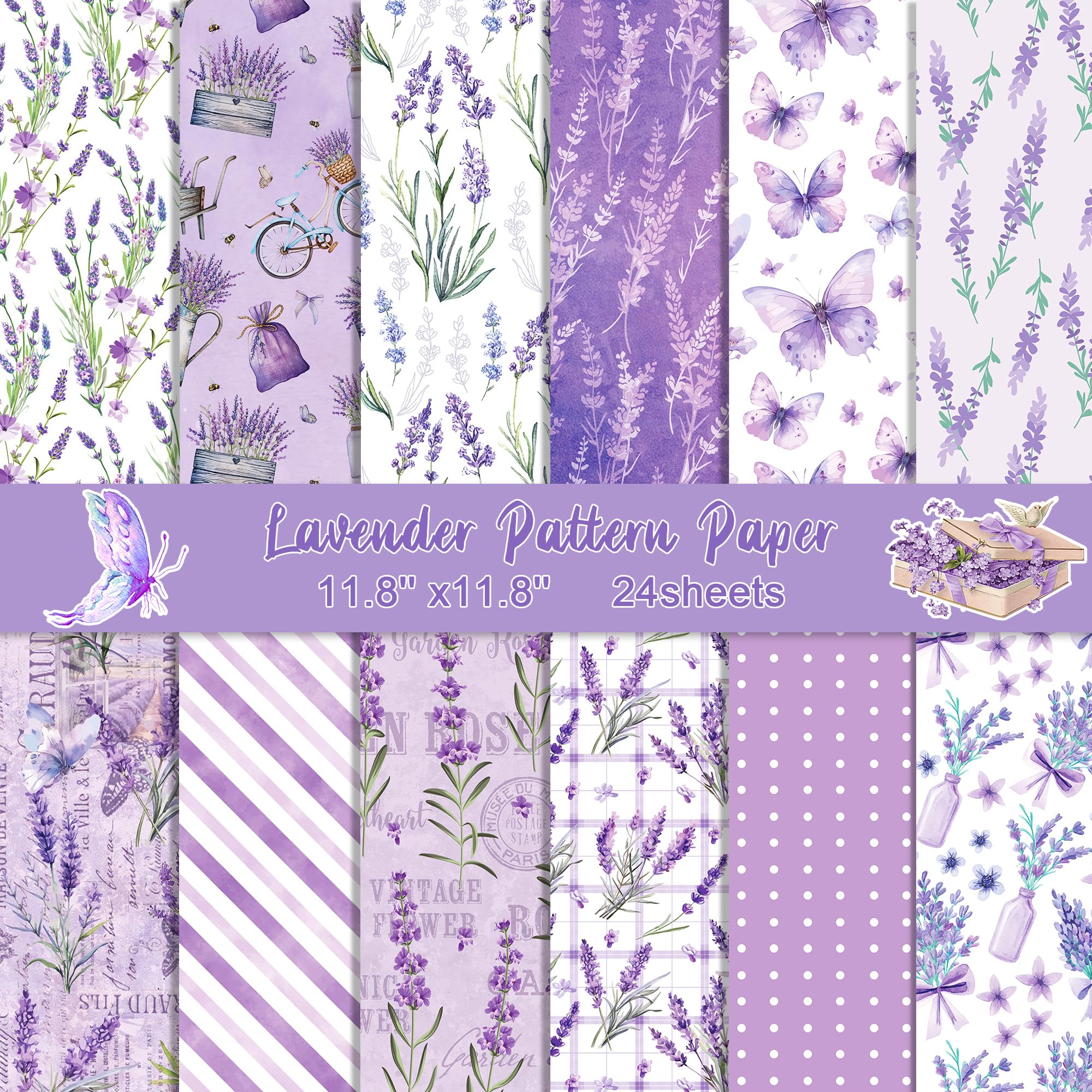 Konsait 24 Sheets Double Sided Lavender Scrapbook Paper 12x12, Flower Patterned Paper Purple Craft Floral Cardstock for Card Making Scrapbooking Supplies