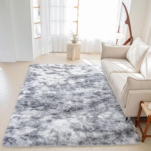 Calctic Fluffy 5x8 Shag Area Rug, Washable Tie Dye Light Grey Large Rug for Living Room and Bedroom, Soft Plush Faux Fur Carpet Ideal for Nursery Boys and Girls, Non-Slip Area Rug Perfect for Playroom