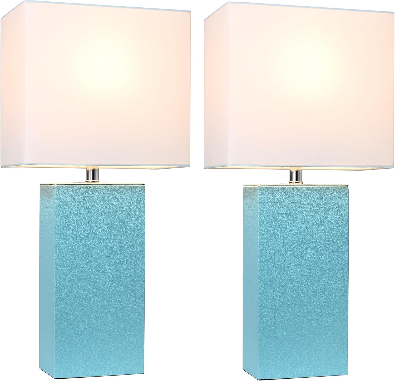 Exclusive Discount 80% Offer Elegant Designs LC2000-AQU-2PK 2 Pack Modern Leather Table Lamps with White Fabric Shades, Aqua, 2 Count