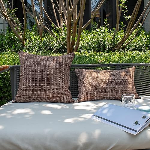 Miniatura 6 de Kevin Textile - Juego de 2 fundas de almohada decorativas de lino para exteriores, impermeables, sólidas, para jardín, patio, tienda de campaña,