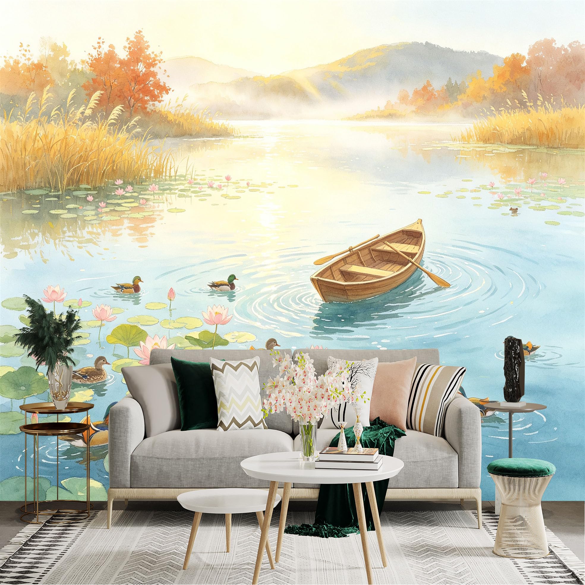 Custom Size Wall Sticker Mural， Watercolor Lake Scene， Floating Lotus Flowers， Small Wooden Boat， Swimming Ducks， for wall Decoration， peelandstick wall Decals.