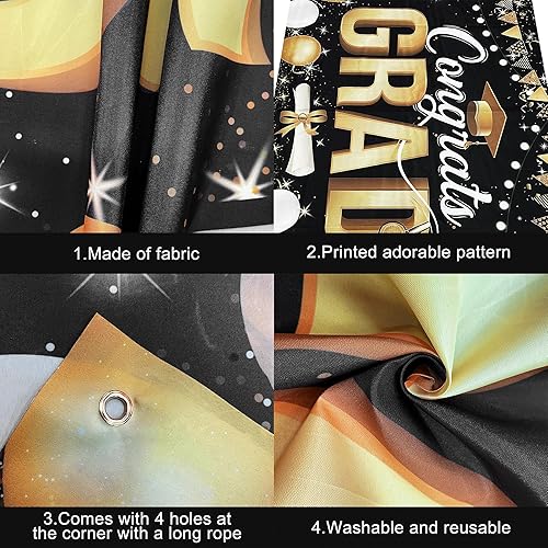 Miniatura 3 de KatchOn, Pancarta de graduación de felicitaciones negras y doradas, extragrande, 72 x 44 pulgadas, telón de fondo de graduación para decoraciones de