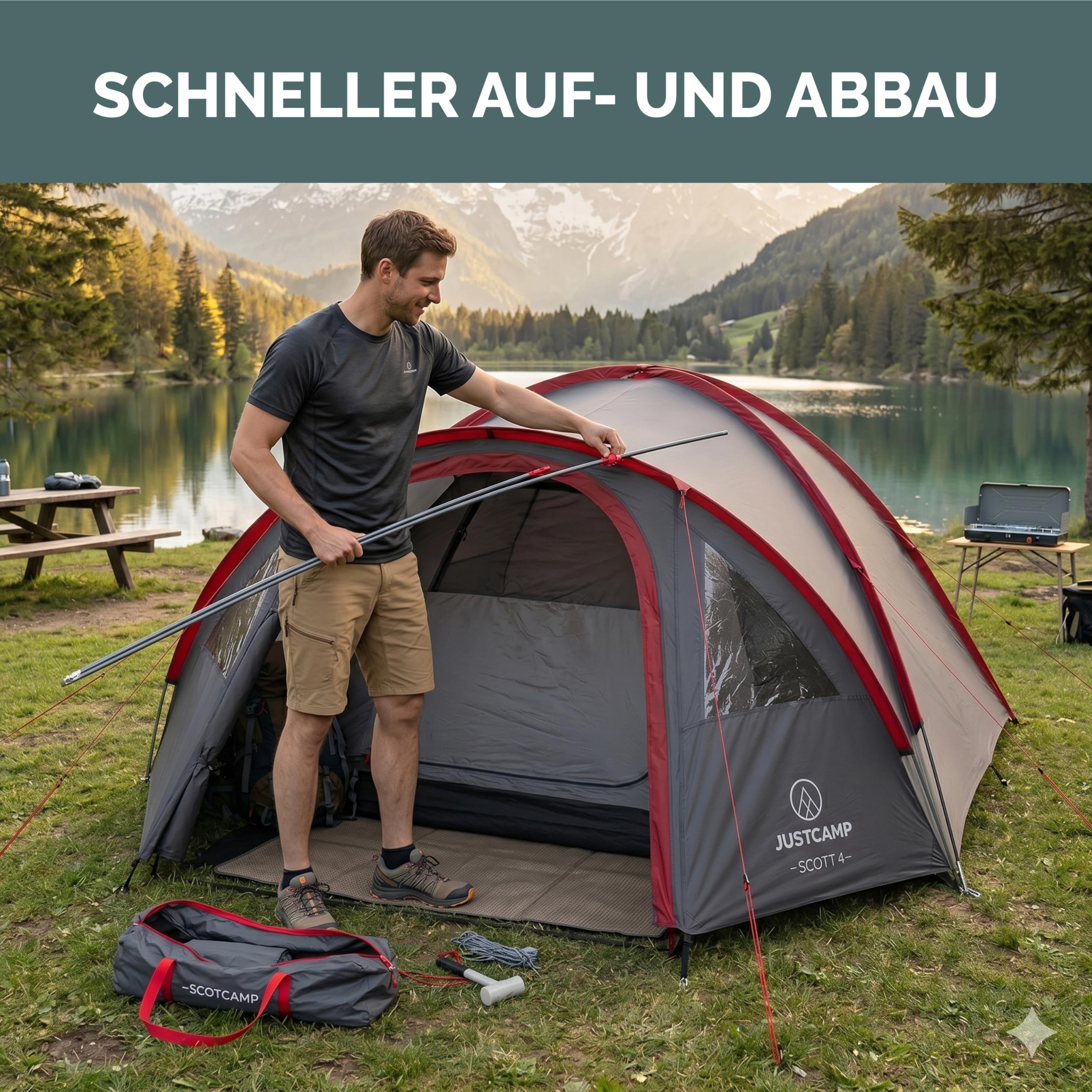 JUSTCAMP Scott Campingzelt für 4 Personen, leicht, stabil, wasserdicht - Kuppelzelt (doppelwandig) mit verschließbarem Vorraum - Iglu-Zelt mit Lüftungshutzen und Moskitonetz an der Schlafkabine