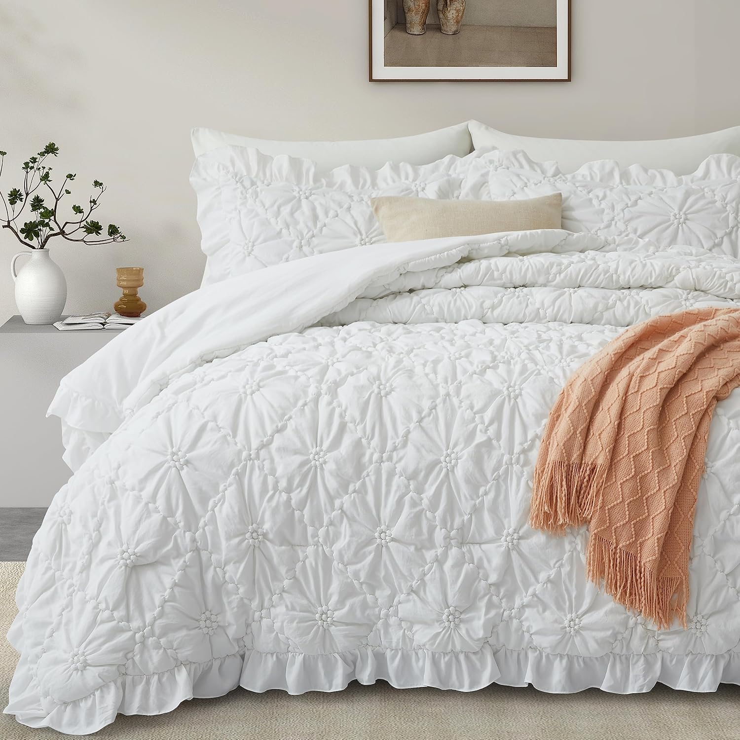 BEDAZZLED King Size Comforter Sets, White Bedding Comforter Set, 3 Pieces Pinch Pleat Bedding Sets with Comforter and Pillowcases Soft Farmhouse Shabby Chic Comforter for All Season White King(102"*88")