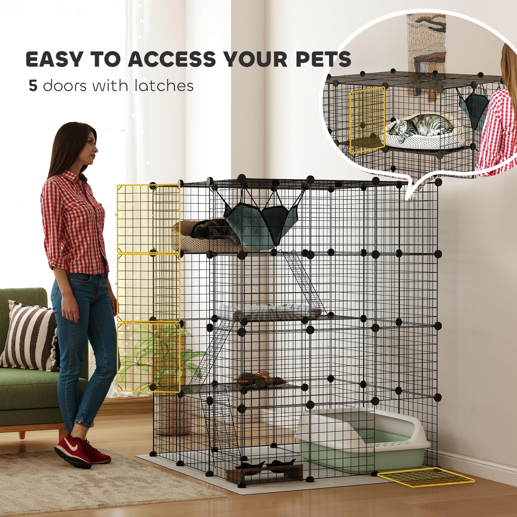 PawHut - Cercado para Animales domésticos, recinto de Conejo Interior, 4 Niveles, recinto Modular para pequeños Animales, Conejos, Paneles de Malla, 105 x 105 x 140 cm, Color Negro