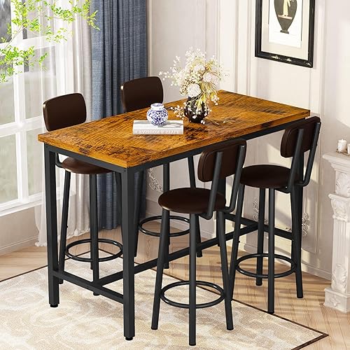 Lamerge Juego de mesa de bar para 4 mesas y sillas de cocina, mesa de comedor industrial con 4 taburetes tapizados de poliuretano, mesa de pub de