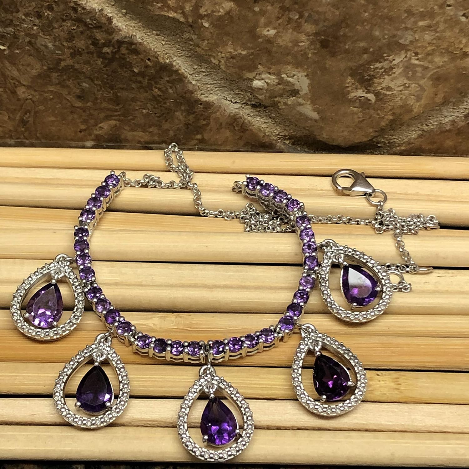 Natural 15ct Purple Amethyst 925 Solid Sterling Silver Designer Necklace 17 1/2" - Image 5