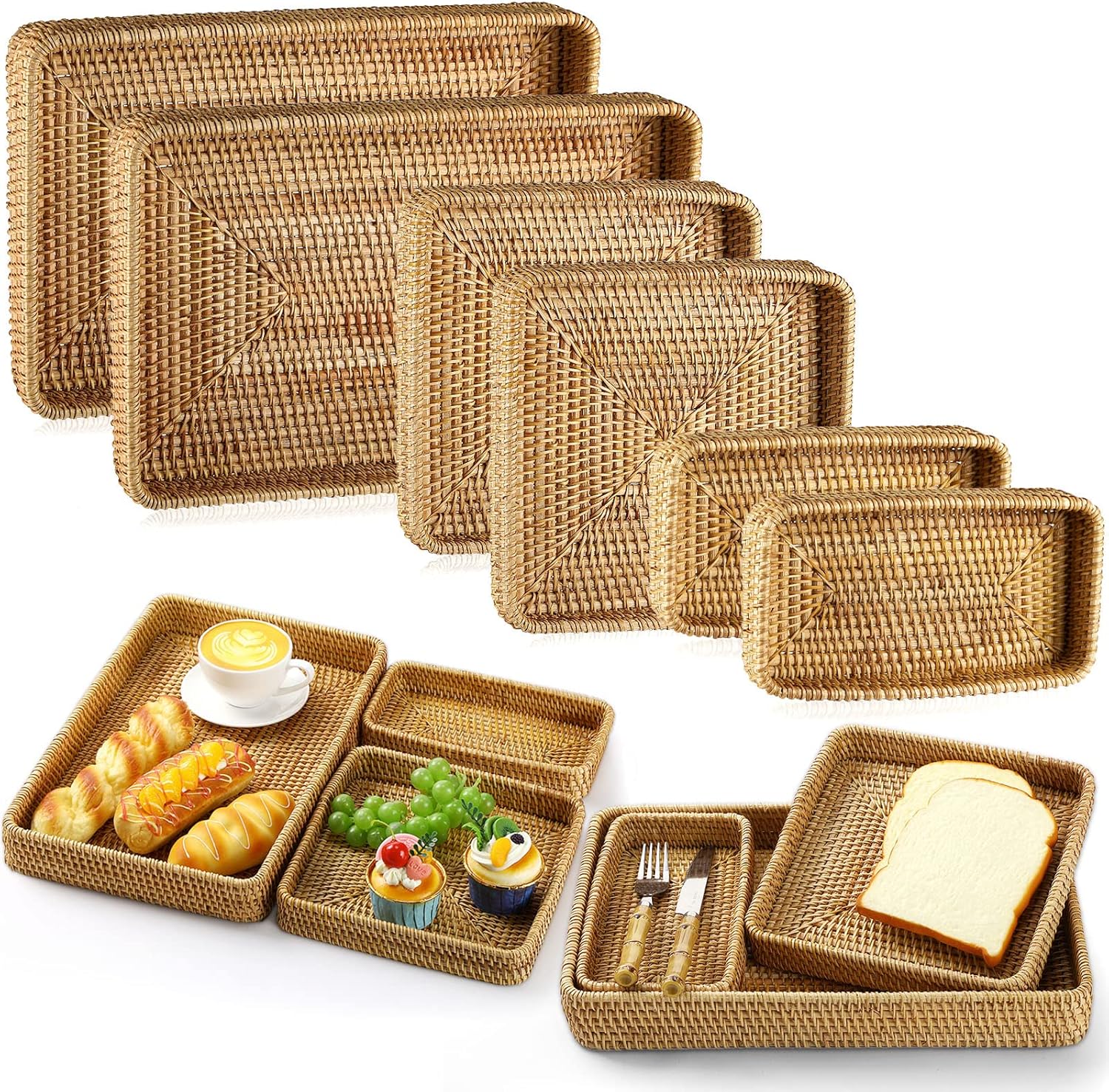 Geelin Set of 6 Wicker Baskets Trays Natural Rattan Serving