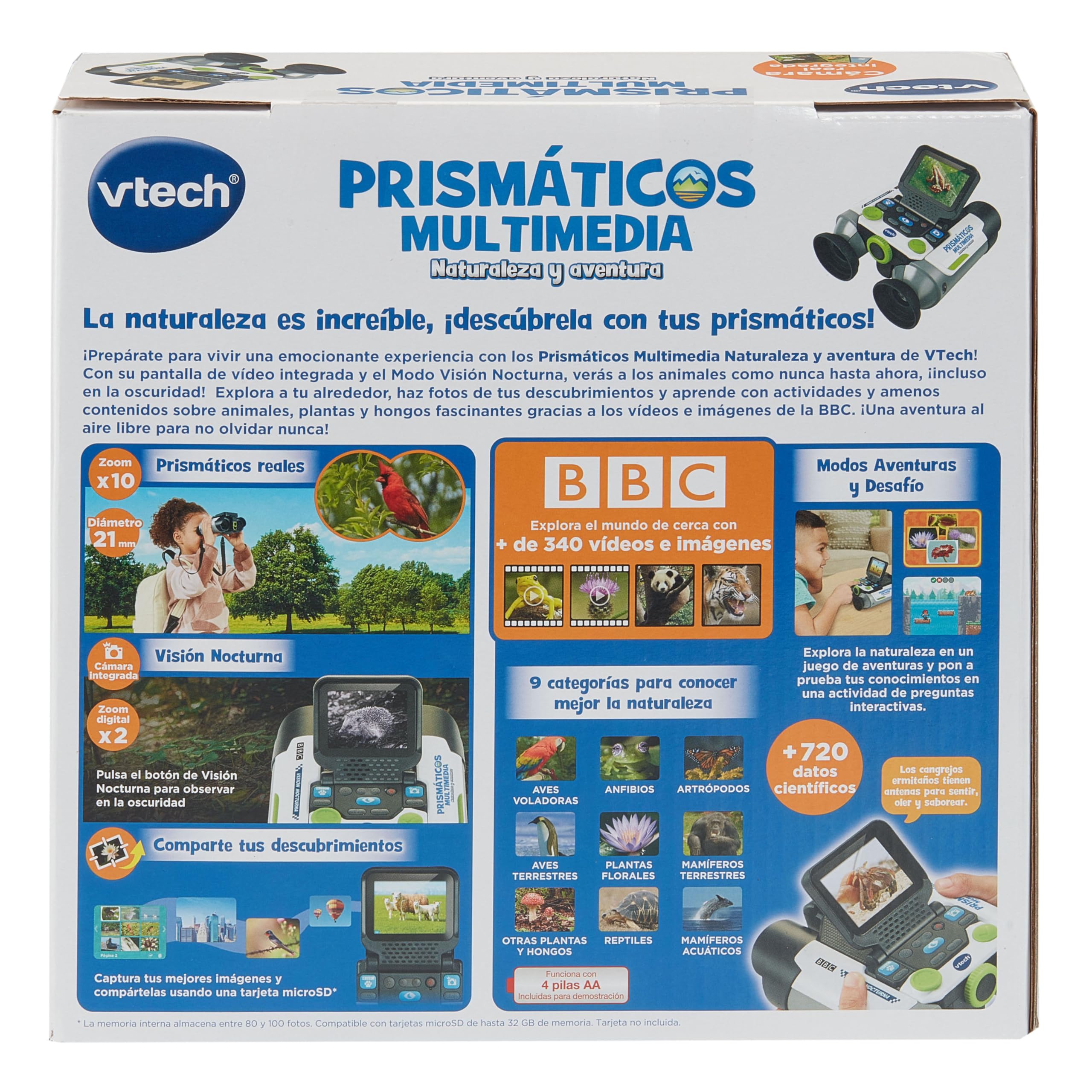 VTech - Prismáticos Multimedia Naturaleza y Aventura, Binoculares para niños con Cámara, Fotos y Vídeos, Visión Nocturna, Juegos Educativos, Diseño Ergonómico, Versión ESP