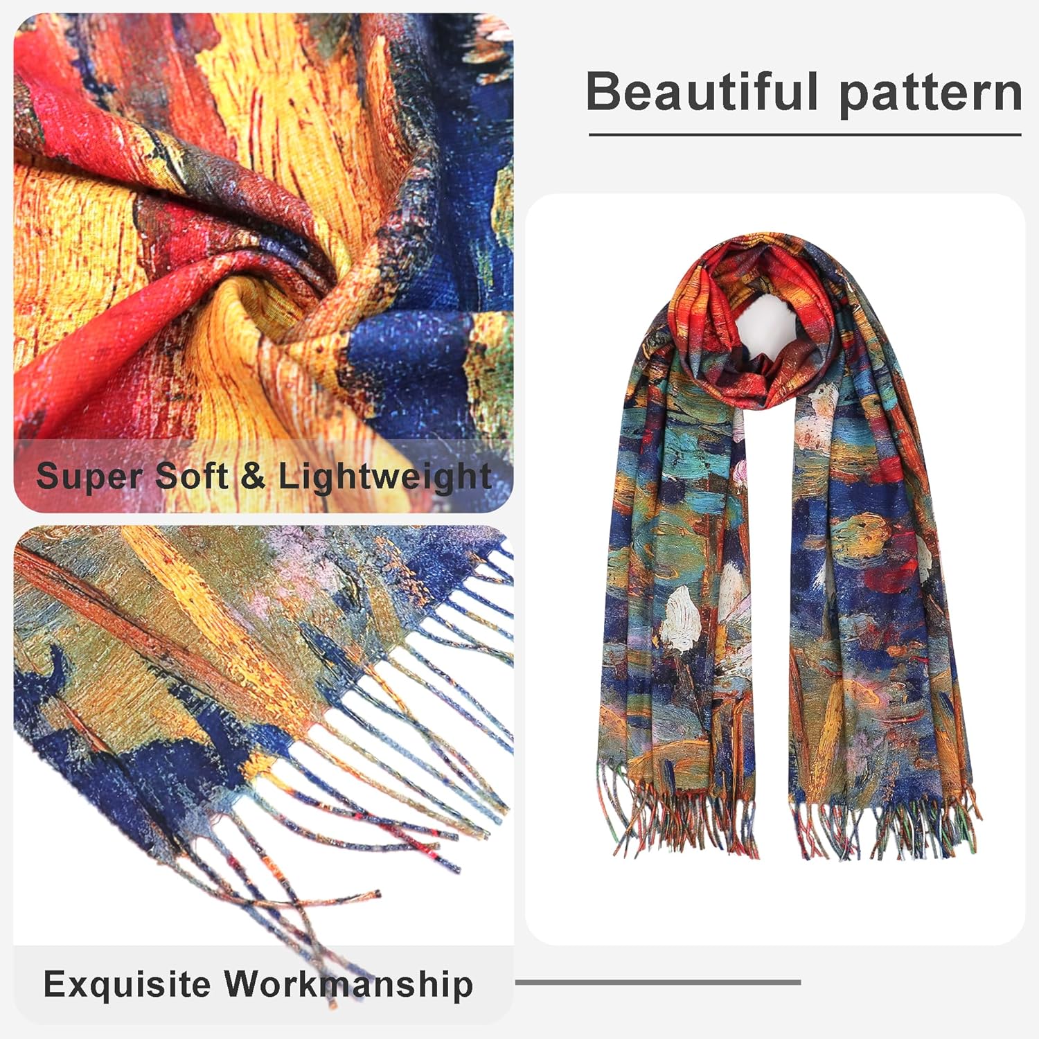 Reversible Pashmina Scarf - Double-Side Scarf For Women Winter Shawl Wrap Monet Van Gogh Art Printing Scarves - Image 2