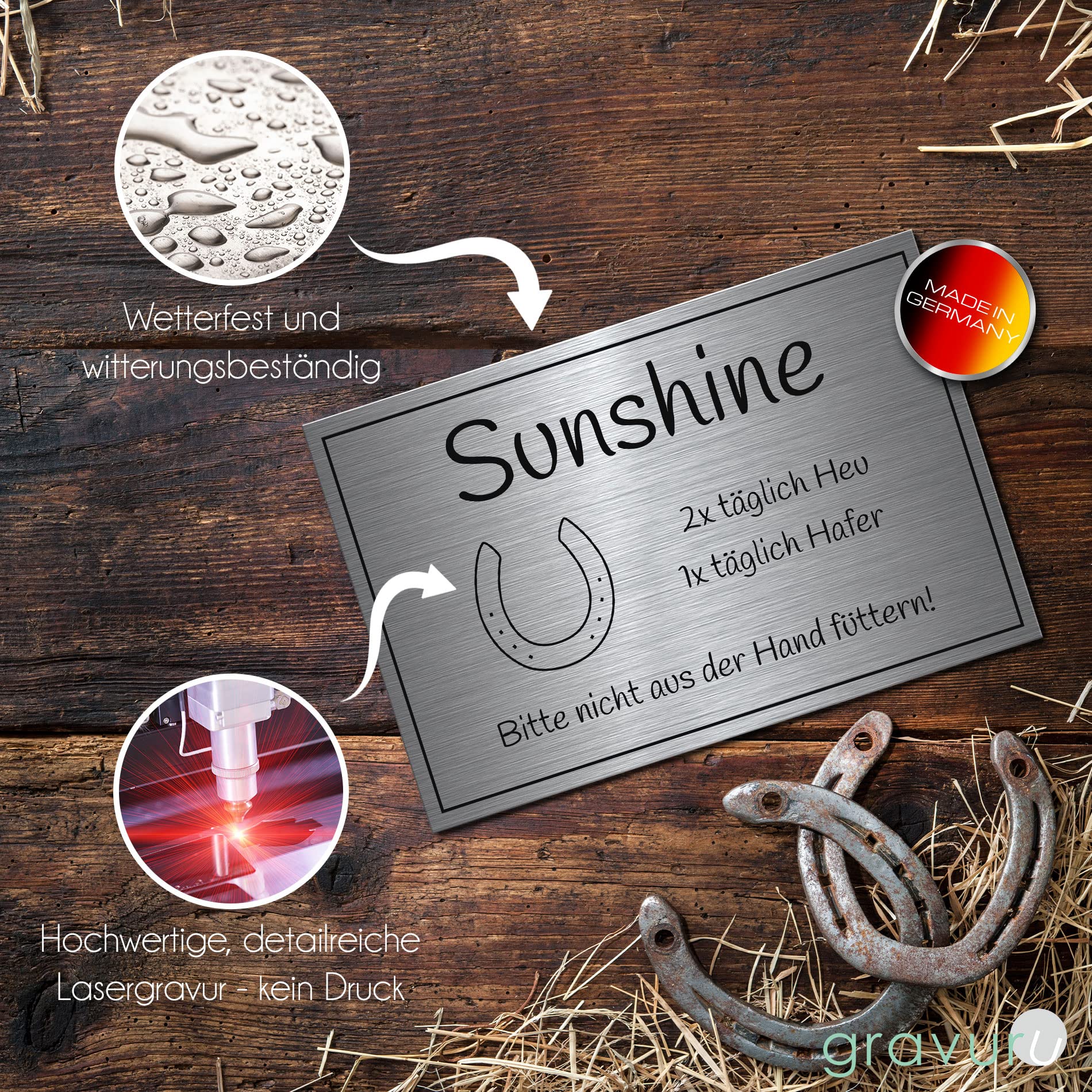 CHRISCK design Pferdeschild aus Premium Edelstahl mit Gravur | Namensschild Boxenschild Stallschild wahlweise mit Bohrlöcher 30x20 cm mit Brandzeichen und Motiven Ideal für den Stall Pferdebox… (D5)