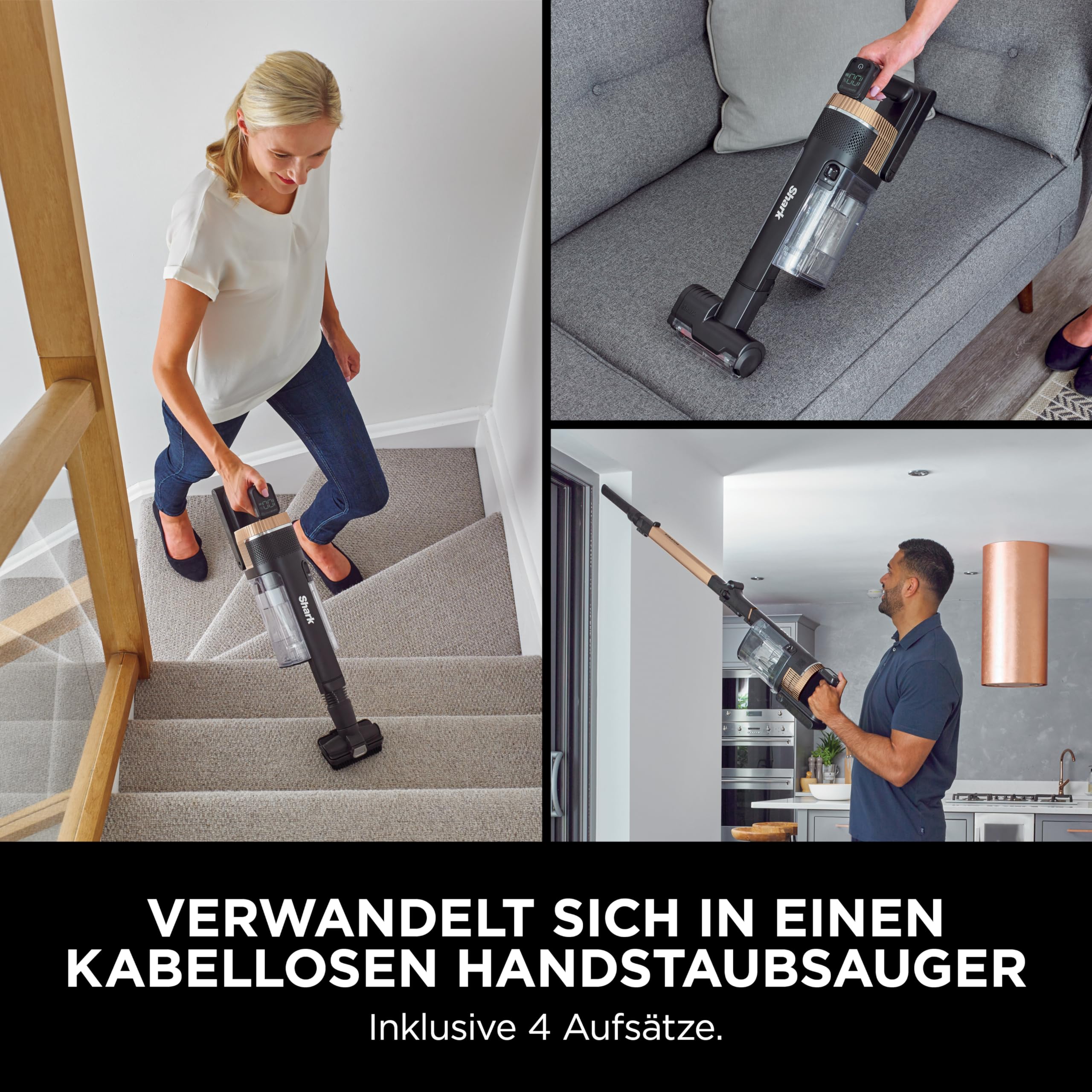 Shark Stratos Akku-Staubsauger freistehend, bis 60 Min. Laufzeit, kabellos, beutellos, für Tierhaare, Allergiker, Teppich und Hartböden, mit Auto-Kit und Knickgelenk-Rohr, grau/roségold, IZ400EUTBK