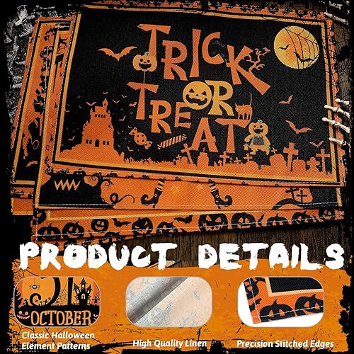 Miniatura 3 de Umigy 6 manteles individuales de Halloween de 12 x 18 pulgadas, manteles individuales góticos de murciélago para decoración de cocina, manteles