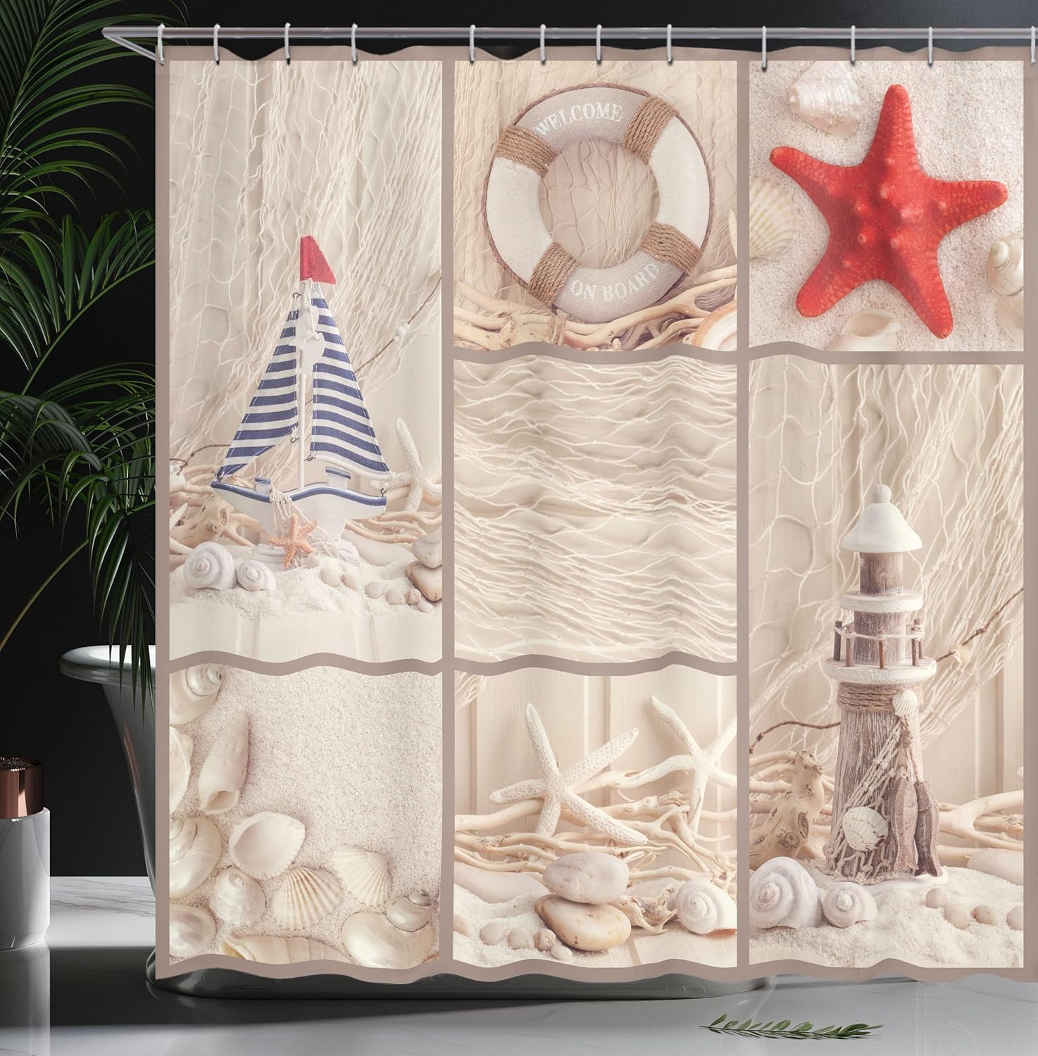 Ambesonne Nautical Shower Curtain, Marine Sail Boat Lifebuoy Starfish Lighthouse Sand Shell Sea Life Collage Design, Cloth Fabric Bathroom Decor Set with Hooks, 69" W x 84" L, Blue Red