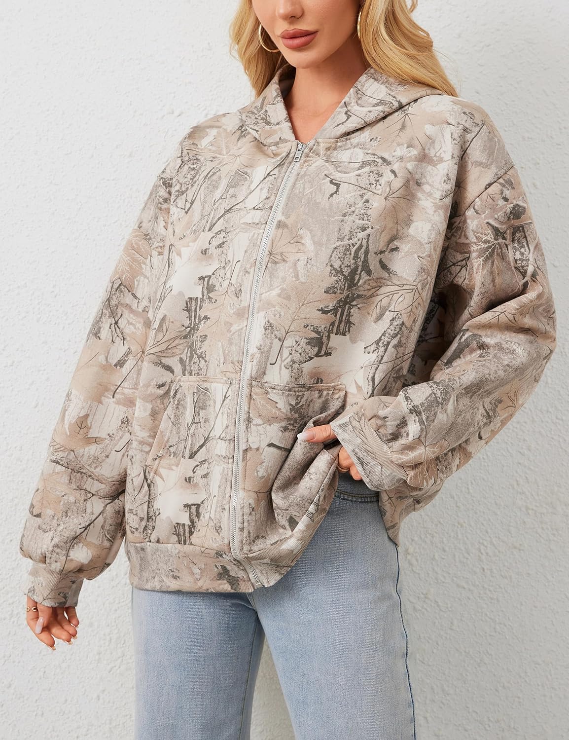 Women Camo Hoodie Oversized Fleece Full Zip Up Sweatshirt Casual Long Sleeve Jackets Trendy Fall Clothes With Pockets - Image 4
