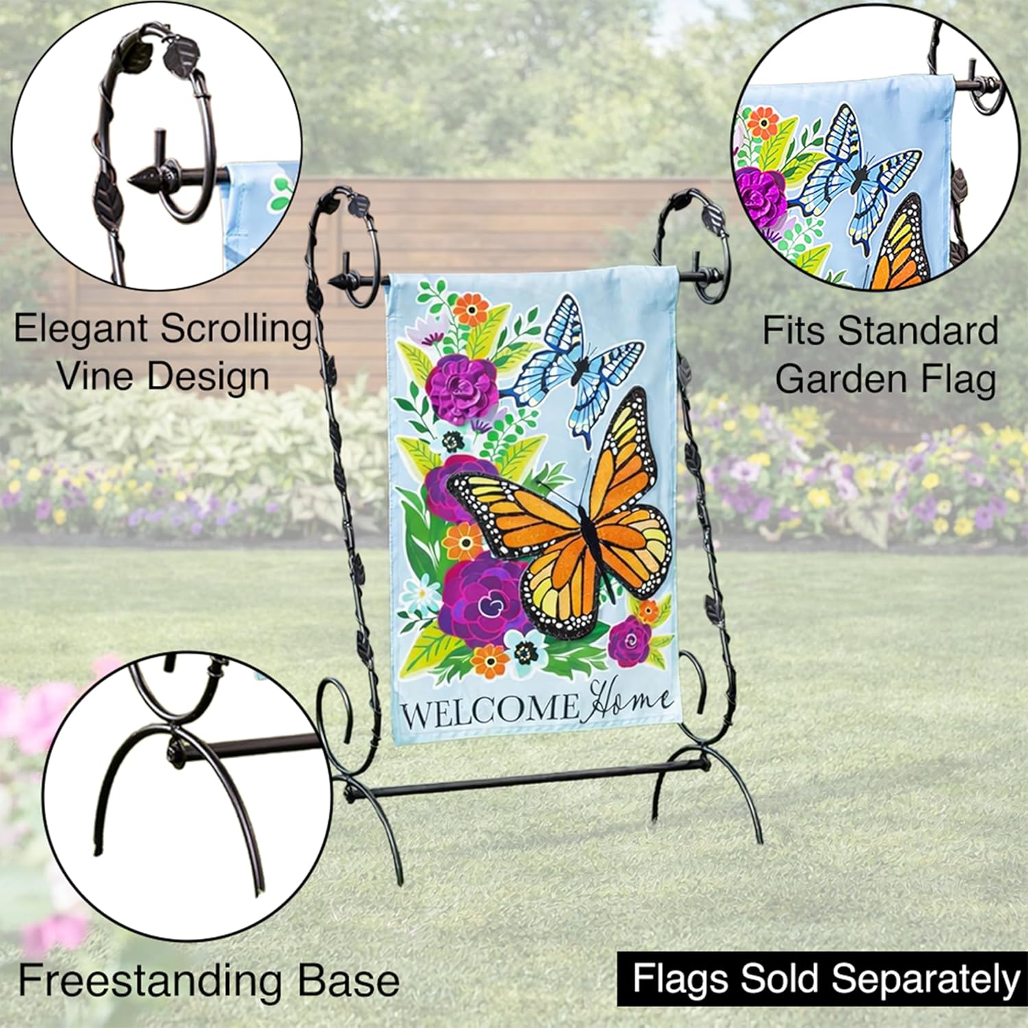 Evergreen Scroll American Garden Flag Stand Leaves Vine | Premium Metal Iron Flag Holder Stand | Fits 12x18 Garden Flags for Outside Deck Patio | Weatherproof Outdoor