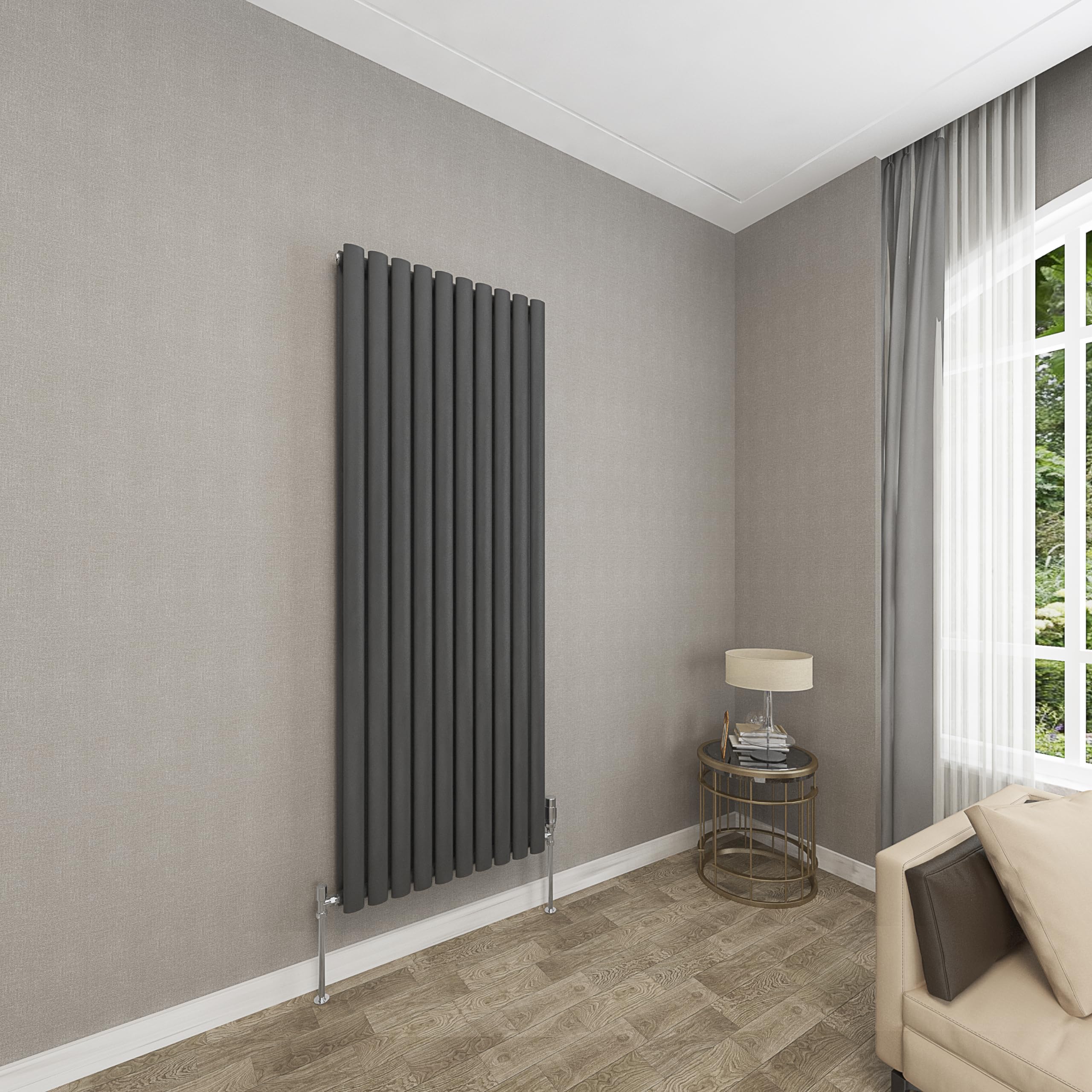 Sky bathroom | 1600x590mm - Modern Anthracite Vertical Double Panel Oval Column Radiator Central Heating Designer Radiator โ image 1
