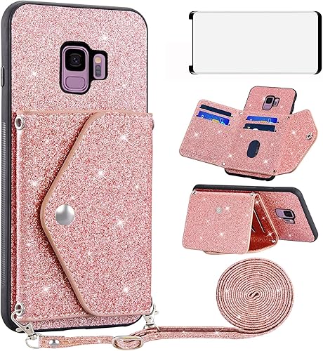 Asuwish Funda para teléfono Samsung Galaxy S9 con protector de pantalla de vidrio templado y correa cruzada, soporte para tarjeta de crédito,