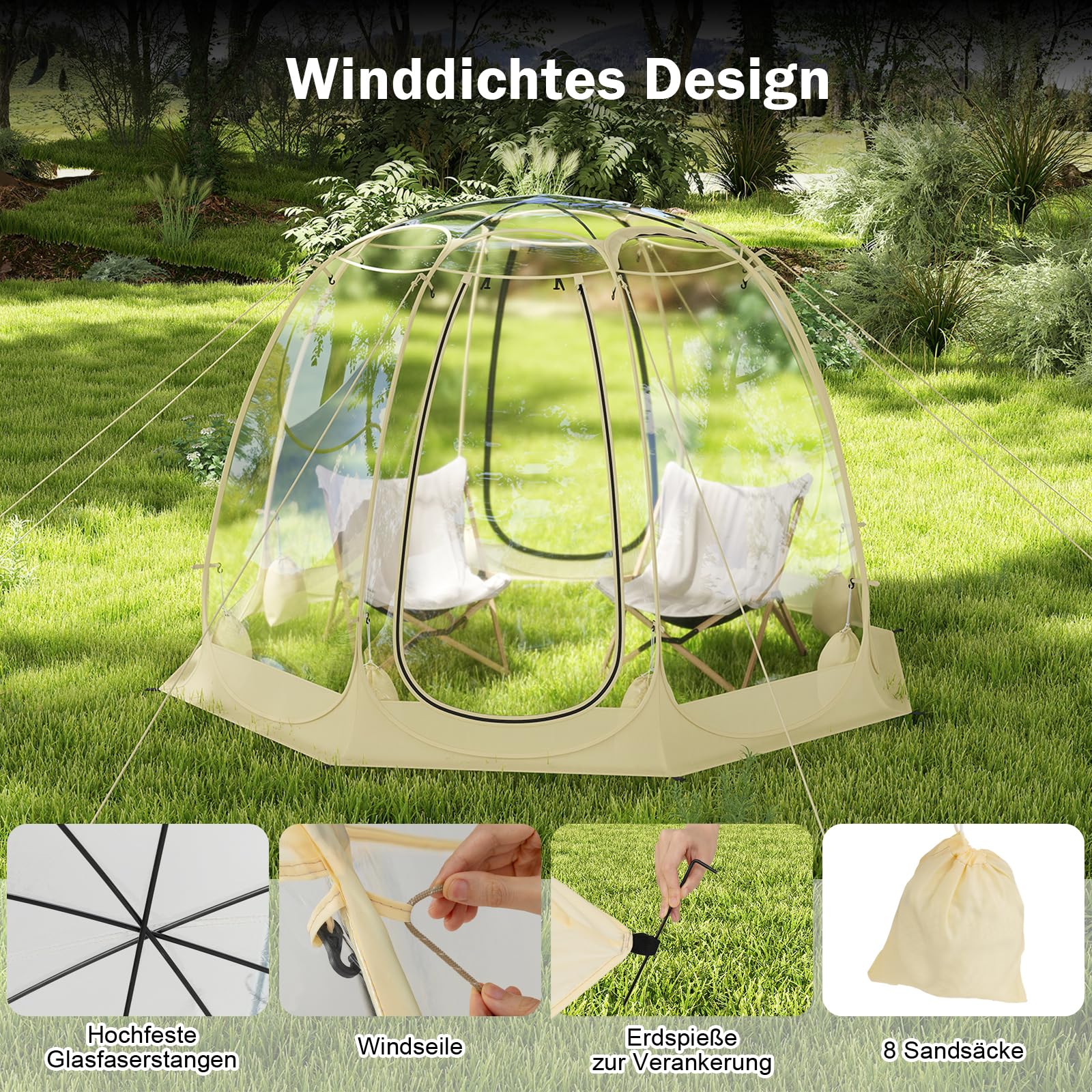 GYMAX Transparentes Pop up Zelt, faltbares Kuppelzelt für 5-6 Personen, durchsichtiges Wurfzelt mit Tragetasche, Bubble-Zelt für Outdoor-Aktivitäten, Sofortzelt wetterfest