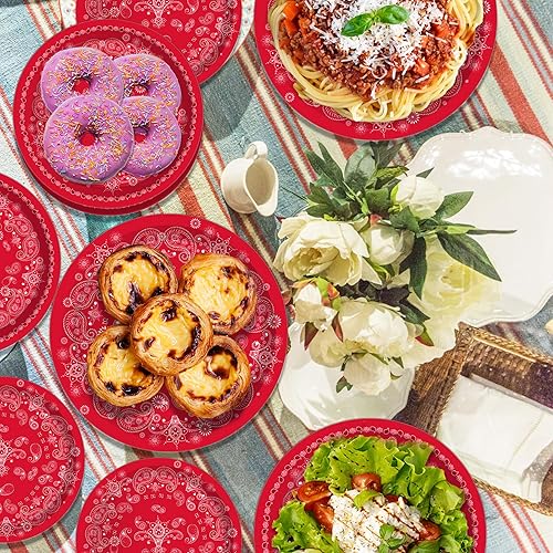 Miniatura 5 de Bandana roja para cumpleaños, platos de papel, servilletas, pañuelos rojos, estampado de cachemira, juego de vajilla desechable, suministros para